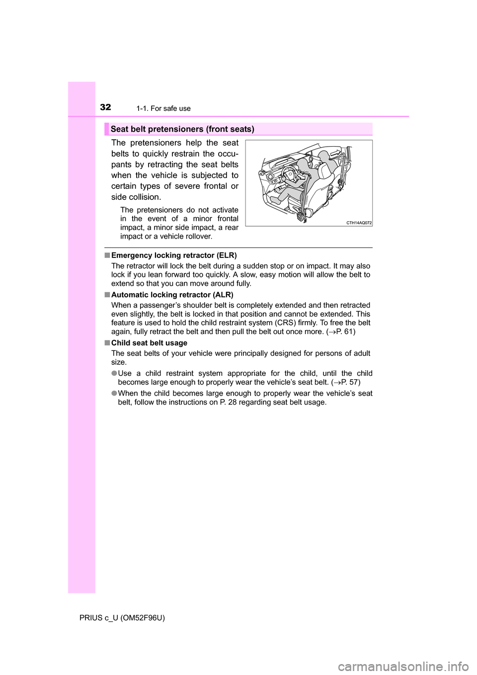 TOYOTA PRIUS C 2016 NHP10 / 1.G Owners Guide 321-1. For safe use
PRIUS c_U (OM52F96U)
The pretensioners help the seat
belts to quickly restrain the occu-
pants by retracting the seat belts
when the vehicle is subjected to
certain types of severe