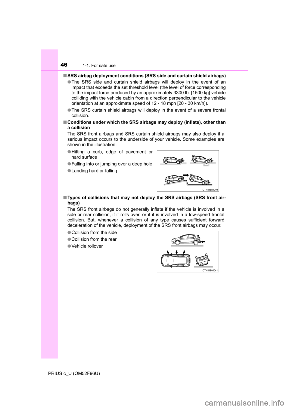 TOYOTA PRIUS C 2016 NHP10 / 1.G Service Manual 461-1. For safe use
PRIUS c_U (OM52F96U)■
SRS airbag deployment conditions (SRS  side and curtain shield airbags)
● The SRS side and curtain shield airbags will deploy in the event of an
impact th