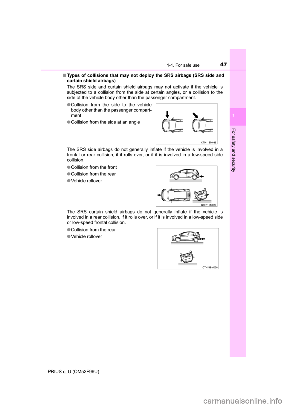 TOYOTA PRIUS C 2016 NHP10 / 1.G Service Manual 471-1. For safe use
1
For safety and security
PRIUS c_U (OM52F96U)■
Types of collisions that may not de ploy the SRS airbags (SRS side and
curtain shield airbags)
The SRS side and curtain shield air