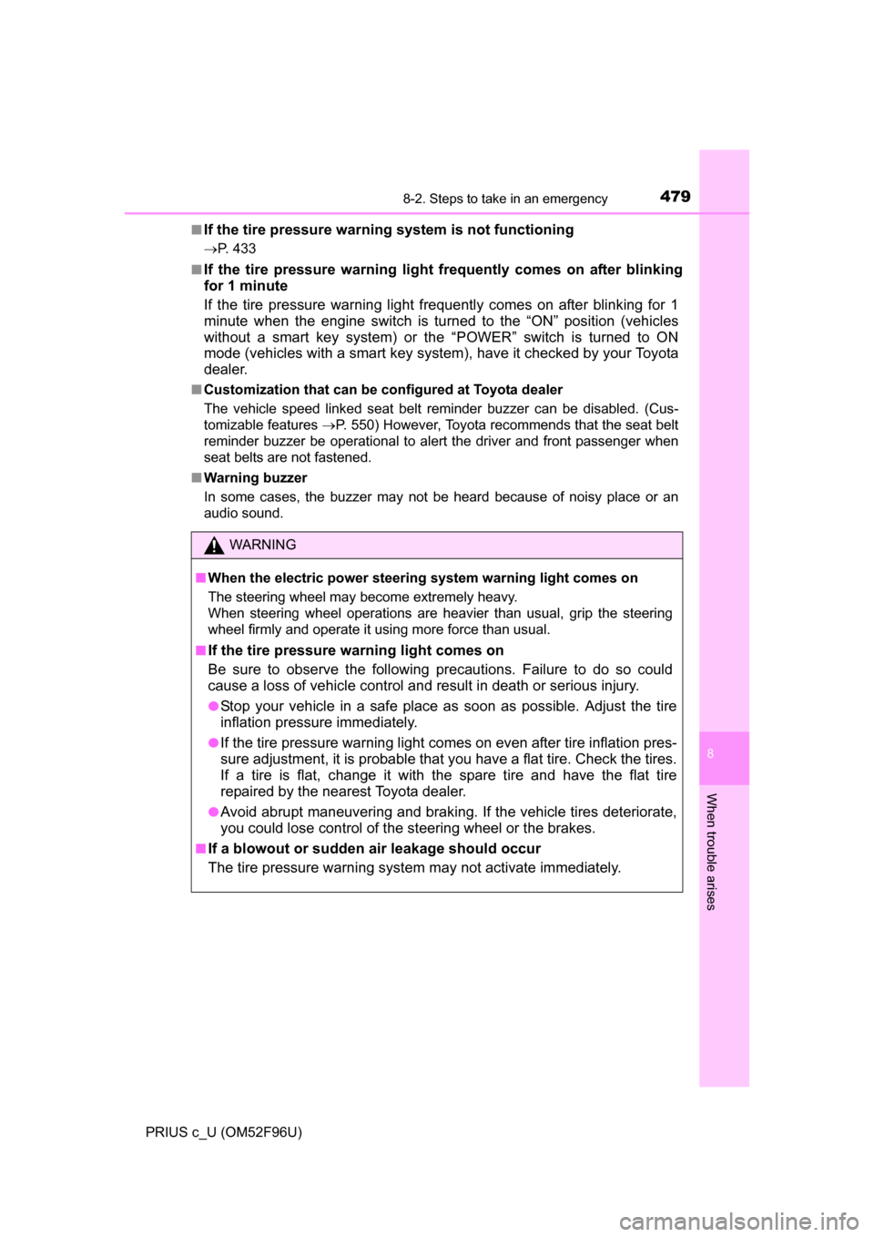 TOYOTA PRIUS C 2016 NHP10 / 1.G Owners Manual 4798-2. Steps to take in an emergency
8
When trouble arises
PRIUS c_U (OM52F96U)■
If the tire pressure warning system is not functioning
P. 433
■
If the tire pressure warning light frequently c