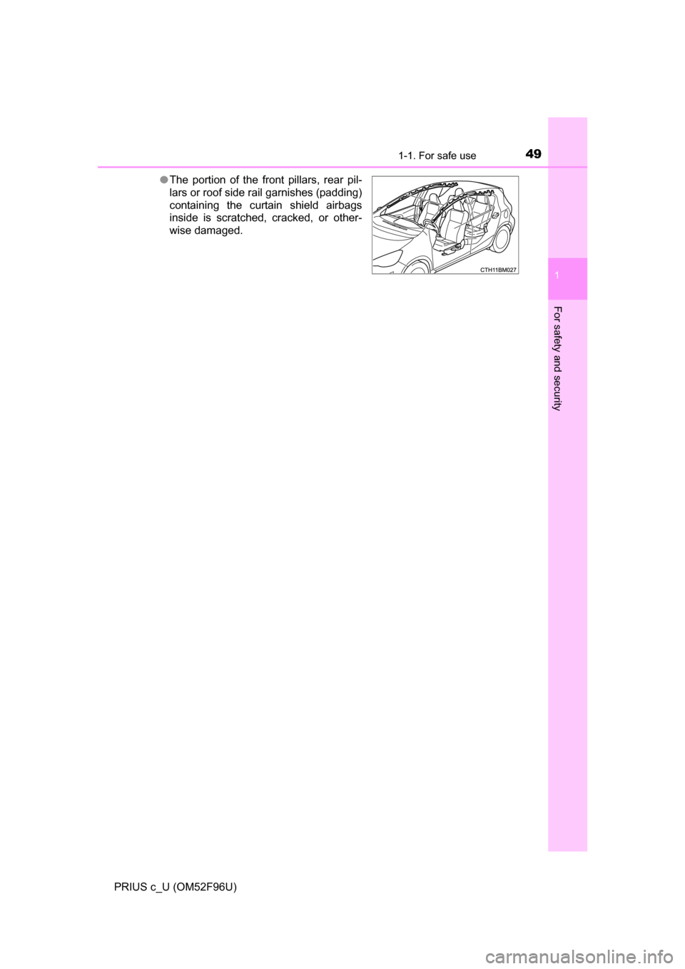 TOYOTA PRIUS C 2016 NHP10 / 1.G Service Manual 491-1. For safe use
1
For safety and security
PRIUS c_U (OM52F96U)●
The portion of the front pillars, rear pil-
lars or roof side rail garnishes (padding)
containing the curtain shield airbags
insid