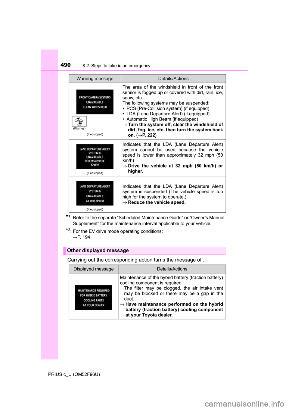 TOYOTA PRIUS C 2016 NHP10 / 1.G Owners Manual 4908-2. Steps to take in an emergency
PRIUS c_U (OM52F96U)
*1: Refer to the separate “Scheduled Maintenance Guide” or “Owner’s ManualSupplement” for the maintenance interval applicable to yo TOYOTA PRIUS C 2016 NHP10 / 1.G Owners Manual 4908-2. Steps to take in an emergency
PRIUS c_U (OM52F96U)
*1: Refer to the separate “Scheduled Maintenance Guide” or “Owner’s ManualSupplement” for the maintenance interval applicable to yo