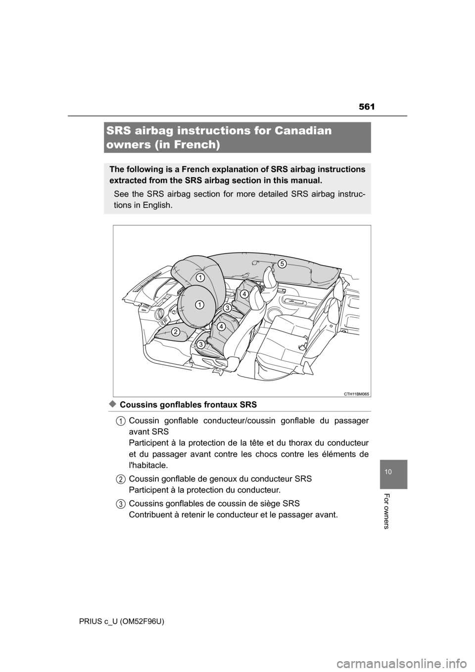 TOYOTA PRIUS C 2016 NHP10 / 1.G Owners Manual 561
10
For owners
PRIUS c_U (OM52F96U)
◆Coussins gonflables frontaux SRSCoussin gonflable co nducteur/coussin gonflable du passager
avant SRS
Participent à la protection de la tête et du thorax du