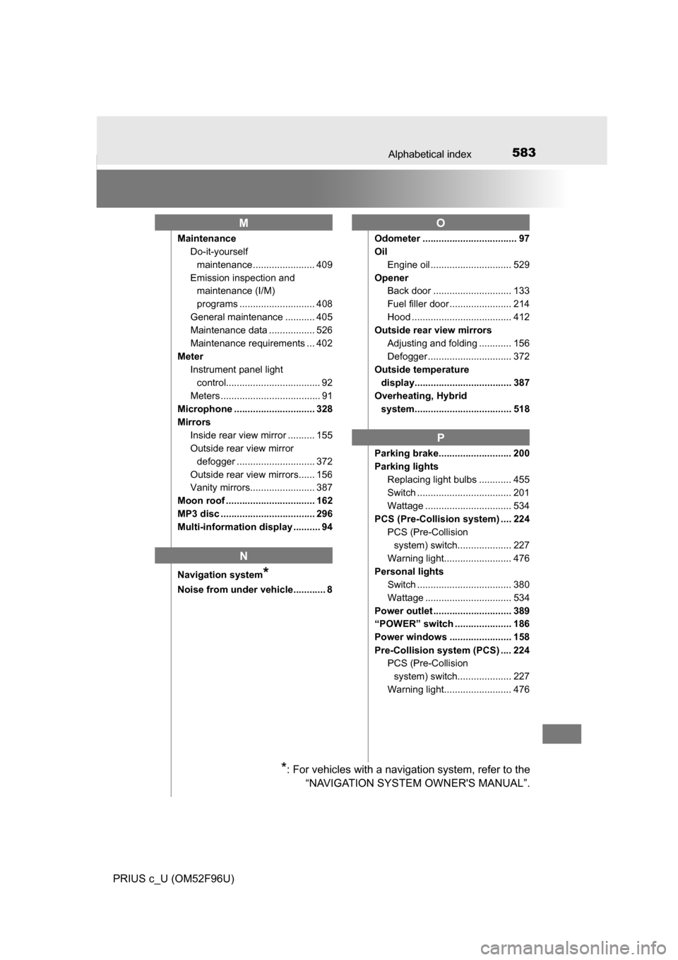 TOYOTA PRIUS C 2016 NHP10 / 1.G Owners Manual 583Alphabetical index
PRIUS c_U (OM52F96U)
MaintenanceDo-it-yourself
maintenance ....................... 409
Emission inspection and maintenance (I/M)
programs ............................ 408
Gene TOYOTA PRIUS C 2016 NHP10 / 1.G Owners Manual 583Alphabetical index
PRIUS c_U (OM52F96U)
MaintenanceDo-it-yourself
maintenance ....................... 409
Emission inspection and maintenance (I/M)
programs ............................ 408
Gene