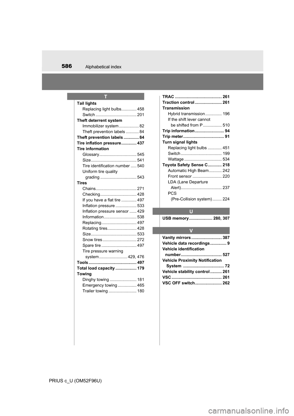 TOYOTA PRIUS C 2016 NHP10 / 1.G Owners Manual 586Alphabetical index
PRIUS c_U (OM52F96U)
Tail lightsReplacing light bulbs............. 458
Switch ................................... 201
Theft deterrent system Immobilizer system ................. TOYOTA PRIUS C 2016 NHP10 / 1.G Owners Manual 586Alphabetical index
PRIUS c_U (OM52F96U)
Tail lightsReplacing light bulbs............. 458
Switch ................................... 201
Theft deterrent system Immobilizer system .................