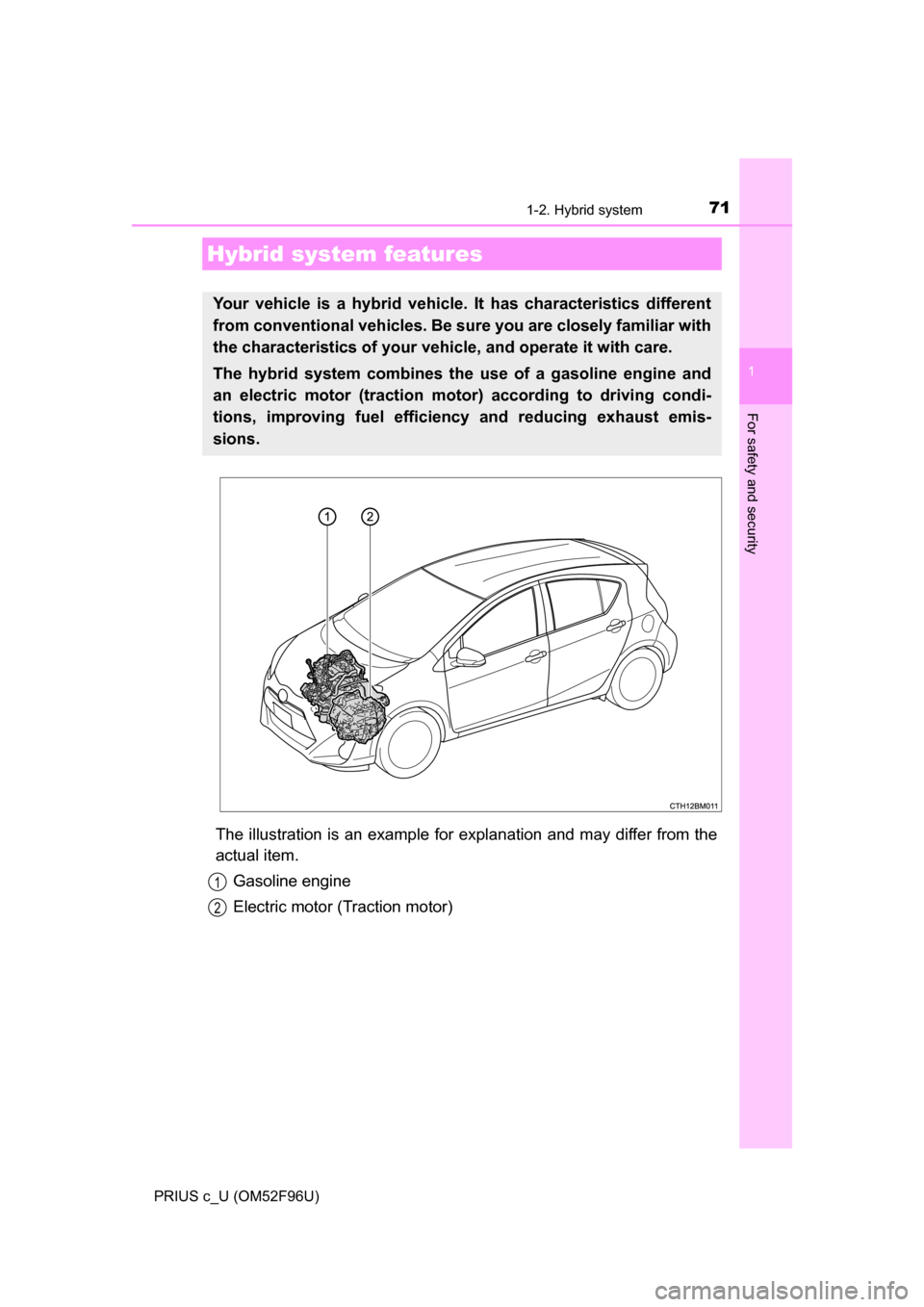TOYOTA PRIUS C 2016 NHP10 / 1.G Manual PDF 71
1
For safety and security
PRIUS c_U (OM52F96U)
1-2. Hybrid system
The illustration is an example for explanation and may differ from the
actual item.Gasoline engine
Electric motor (Traction motor)
TOYOTA PRIUS C 2016 NHP10 / 1.G Manual PDF 71
1
For safety and security
PRIUS c_U (OM52F96U)
1-2. Hybrid system
The illustration is an example for explanation and may differ from the
actual item.Gasoline engine
Electric motor (Traction motor)