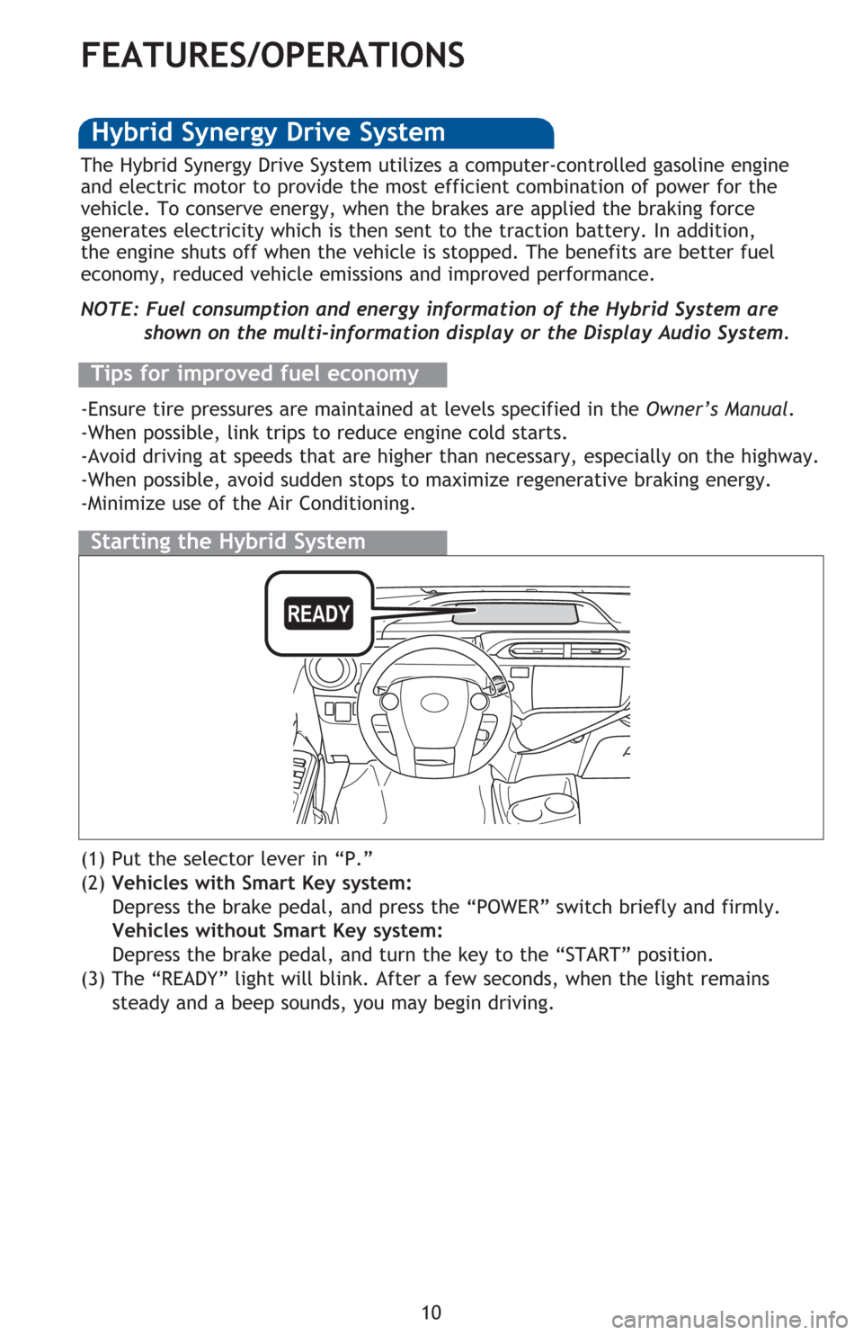 TOYOTA PRIUS C 2016 NHP10 / 1.G Quick Reference Guide 10
FEATURES/OPERATIONS
Starting the Hybrid System
The Hybrid Synergy Drive System utilizes a computer-controlled gasoline engine 
and electric motor to provide the most efficient combination of power 