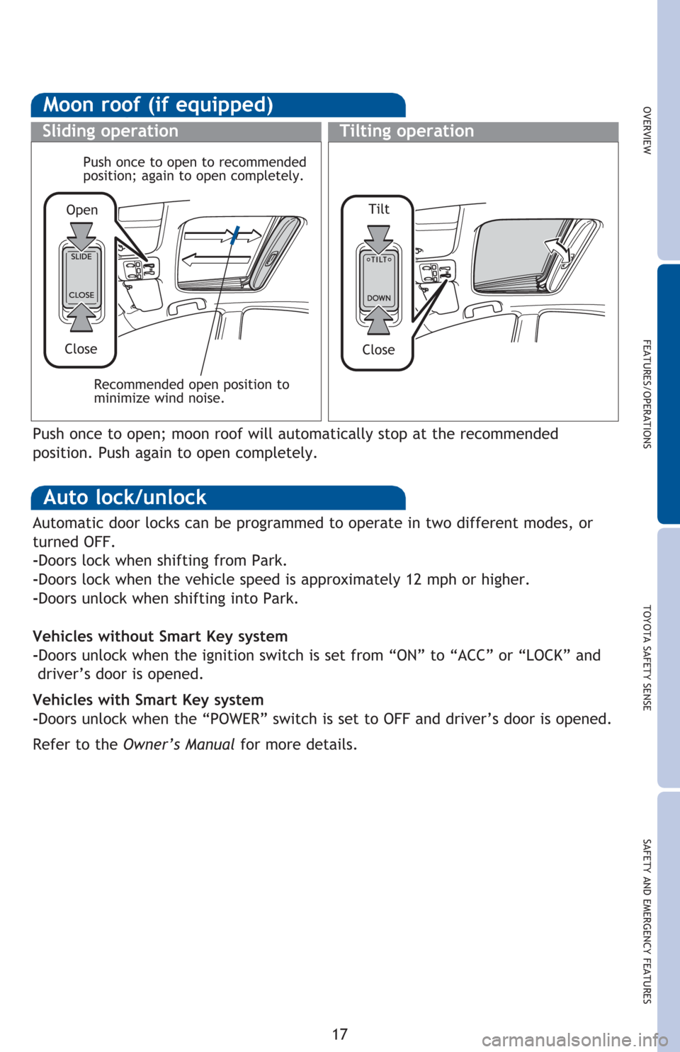 TOYOTA PRIUS C 2016 NHP10 / 1.G Quick Reference Guide OVERVIEW FEATURES/OPERATIONS TOYOTA SAFETY SENSE SAFETY AND EMERGENCY FEATURES
17
Moon roof (if equipped)
Sliding operationTilting operation
Recommended open position to 
minimize wind noise.
Open
Clo