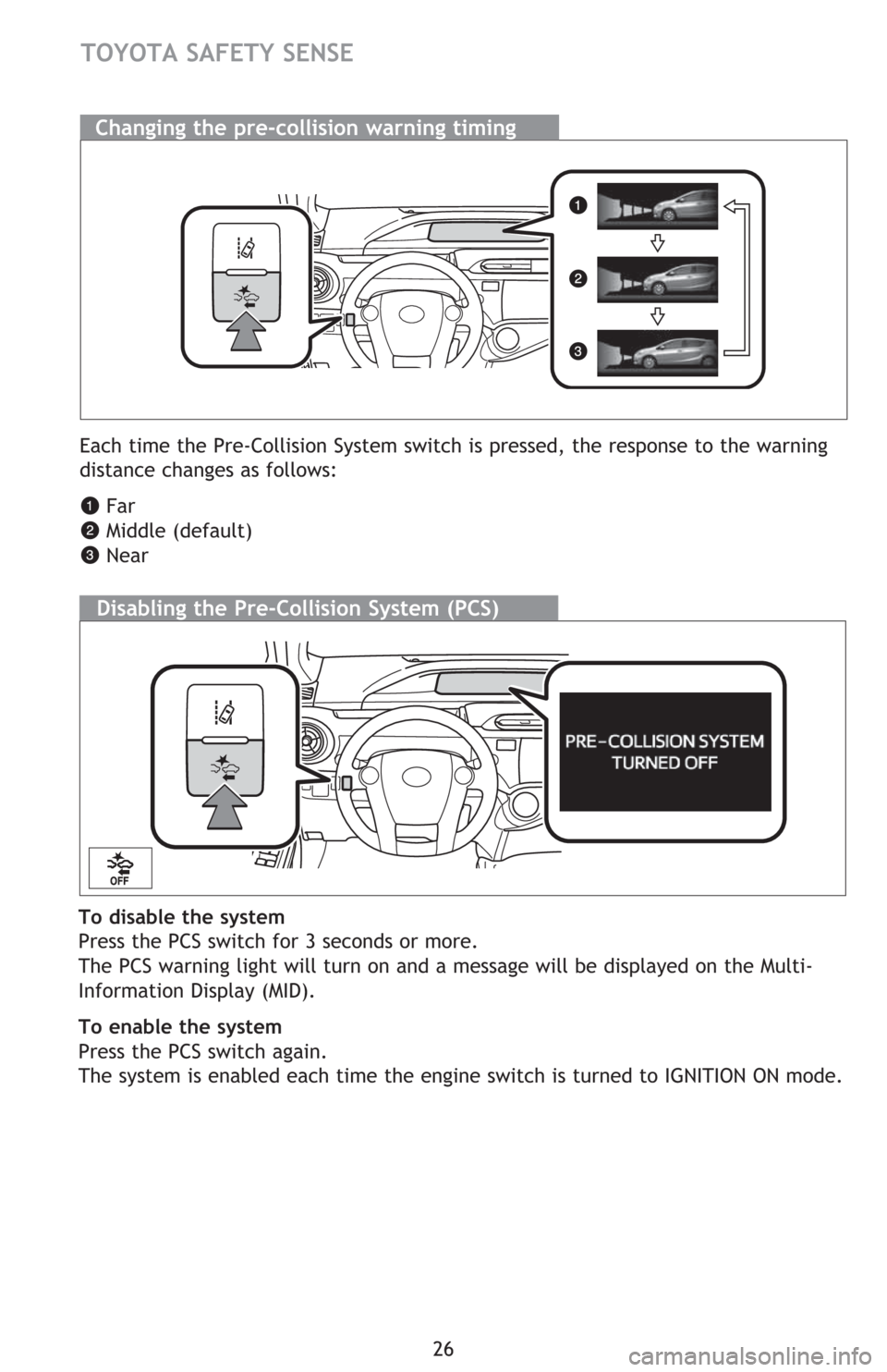 TOYOTA PRIUS C 2016 NHP10 / 1.G Quick Reference Guide 26
Changing the pre-collision warning timing
Disabling the Pre-Collision System (PCS)
Each time the Pre-Collision System switch is pressed, the response to the warning
distance changes as follows TOYOTA PRIUS C 2016 NHP10 / 1.G Quick Reference Guide 26
Changing the pre-collision warning timing
Disabling the Pre-Collision System (PCS)
Each time the Pre-Collision System switch is pressed, the response to the warning
distance changes as follows