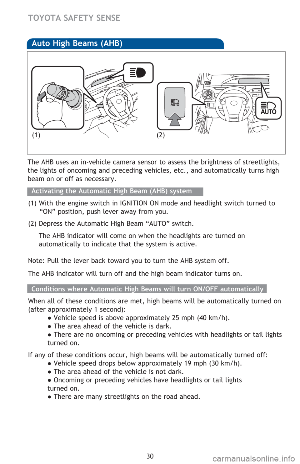 TOYOTA PRIUS C 2016 NHP10 / 1.G Quick Reference Guide 30
TOYOTA SAFETY SENSE
The AHB uses an in-vehicle camera sensor to assess the brightness of streetlights,
the lights of oncoming and preceding vehicles, etc., and automatically turns high
beam on or TOYOTA PRIUS C 2016 NHP10 / 1.G Quick Reference Guide 30
TOYOTA SAFETY SENSE
The AHB uses an in-vehicle camera sensor to assess the brightness of streetlights,
the lights of oncoming and preceding vehicles, etc., and automatically turns high
beam on or