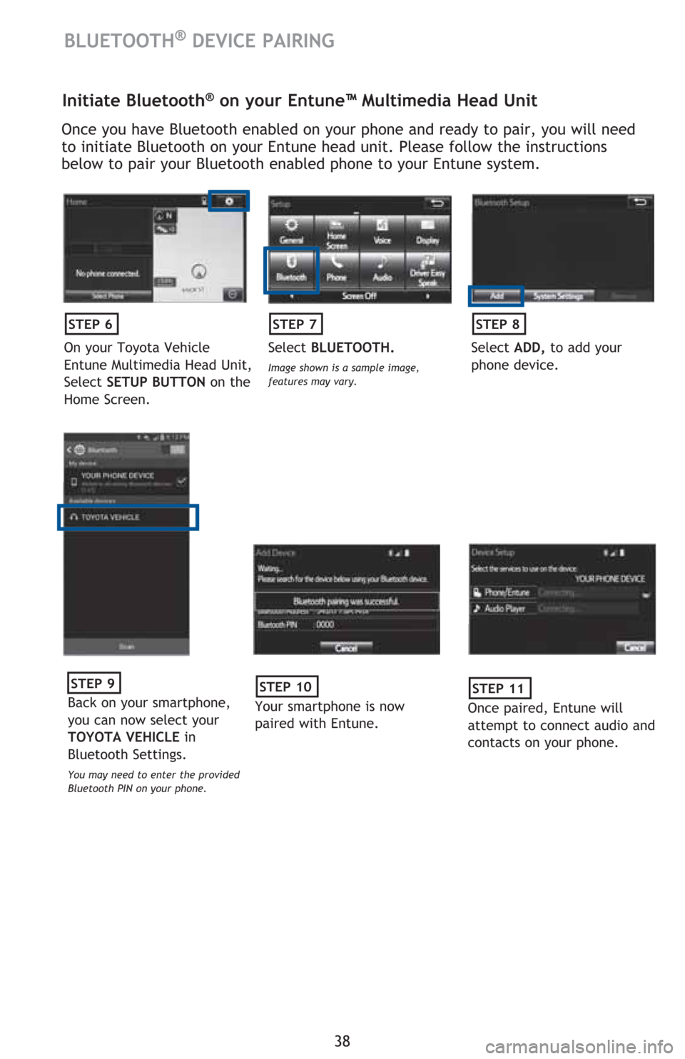 TOYOTA PRIUS C 2016 NHP10 / 1.G Quick Reference Guide 38
BLUETOOTH® DEVICE PAIRING
Initiate Bluetooth® on your Entune™ Multimedia Head Unit
Once you have Bluetooth enabled on your phone and ready to pair, you will need
to initiate Bluetooth on your TOYOTA PRIUS C 2016 NHP10 / 1.G Quick Reference Guide 38
BLUETOOTH® DEVICE PAIRING
Initiate Bluetooth® on your Entune™ Multimedia Head Unit
Once you have Bluetooth enabled on your phone and ready to pair, you will need
to initiate Bluetooth on your