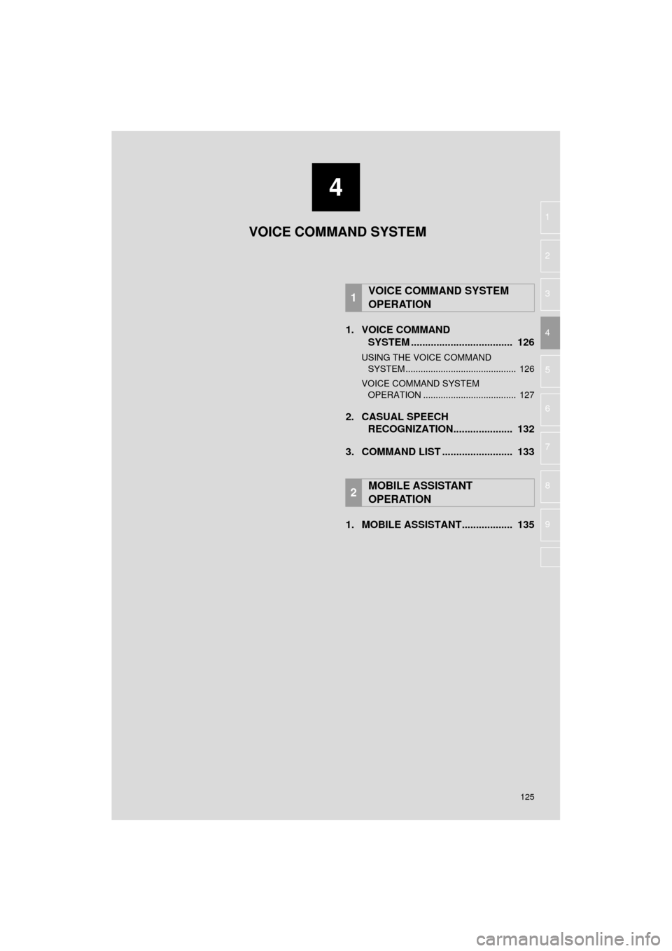 TOYOTA PRIUS C 2017 NHP10 / 1.G Navigation Manual 4
125
Prius_C_Navi_U
5
6
7
8
9
1
2
3
41. VOICE COMMANDSYSTEM .......... ....................... ...  126
USING THE VOICE COMMAND
SYSTEM ............................................  126
VOICE COMMAND 