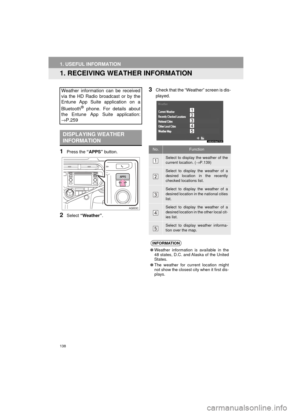 TOYOTA PRIUS C 2017 NHP10 / 1.G Navigation Manual 138
Prius_C_Navi_U
1. USEFUL INFORMATION
1. RECEIVING WEATHER INFORMATION
1Press the “APPS” button.
2Select “Weather” .
3Check that the “Weather” screen is dis-
played.Weather information TOYOTA PRIUS C 2017 NHP10 / 1.G Navigation Manual 138
Prius_C_Navi_U
1. USEFUL INFORMATION
1. RECEIVING WEATHER INFORMATION
1Press the “APPS” button.
2Select “Weather” .
3Check that the “Weather” screen is dis-
played.Weather information