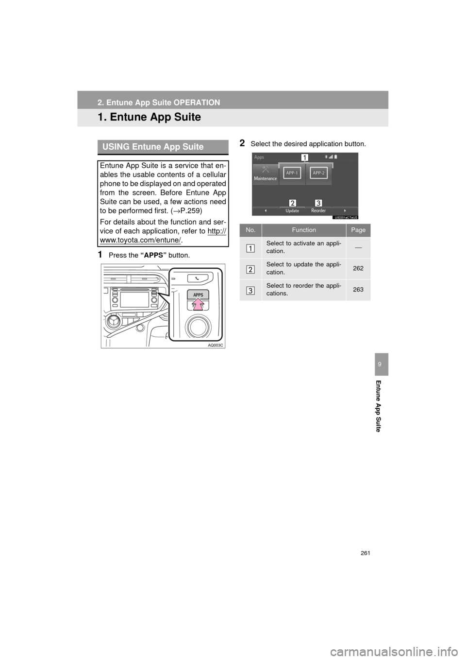 TOYOTA PRIUS C 2017 NHP10 / 1.G Navigation Manual 261
Prius_C_Navi_U
Entune App Suite
9
2. Entune App Suite OPERATION
1. Entune App Suite
1Press the “APPS” button.
2Select the desired application button.USING Entune App Suite
Entune App Suite is TOYOTA PRIUS C 2017 NHP10 / 1.G Navigation Manual 261
Prius_C_Navi_U
Entune App Suite
9
2. Entune App Suite OPERATION
1. Entune App Suite
1Press the “APPS” button.
2Select the desired application button.USING Entune App Suite
Entune App Suite is