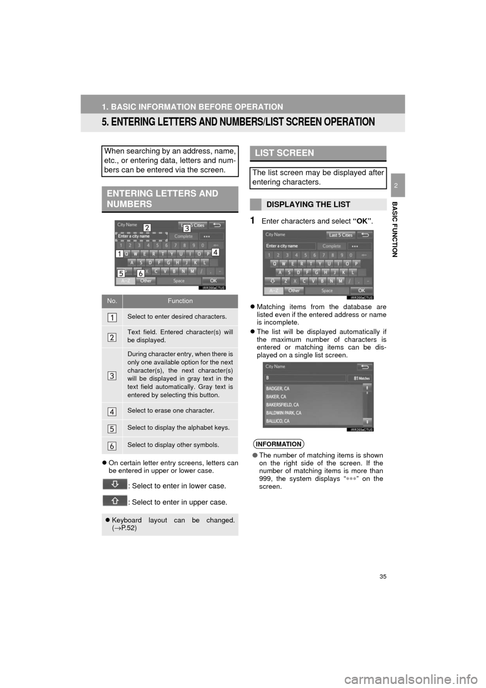 TOYOTA PRIUS C 2017 NHP10 / 1.G Navigation Manual 35
1. BASIC INFORMATION BEFORE OPERATION
Prius_C_Navi_U
BASIC FUNCTION
2
5. ENTERING LETTERS AND NUMBERS/LIST SCREEN OPERATION
On certain letter entry screens, letters can
be entered in upper or lo TOYOTA PRIUS C 2017 NHP10 / 1.G Navigation Manual 35
1. BASIC INFORMATION BEFORE OPERATION
Prius_C_Navi_U
BASIC FUNCTION
2
5. ENTERING LETTERS AND NUMBERS/LIST SCREEN OPERATION
On certain letter entry screens, letters can
be entered in upper or lo