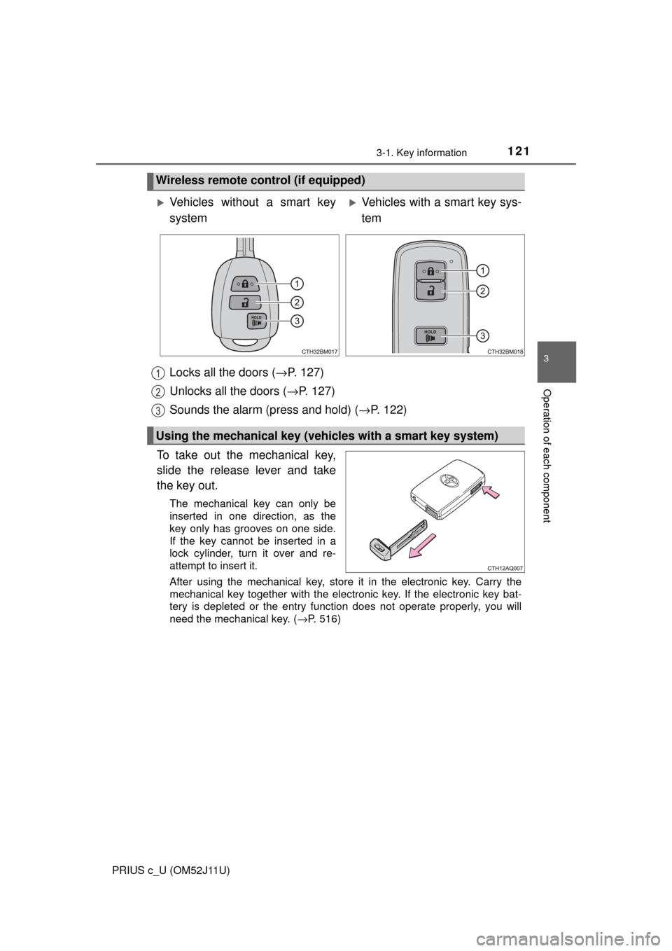 TOYOTA PRIUS C 2017 NHP10 / 1.G Owners Manual 1213-1. Key information
3
Operation of each component
PRIUS c_U (OM52J11U)
Locks all the doors (→P. 127)
Unlocks all the doors ( →P. 127)
Sounds the alarm (press and hold) ( →P. 122)
To take out