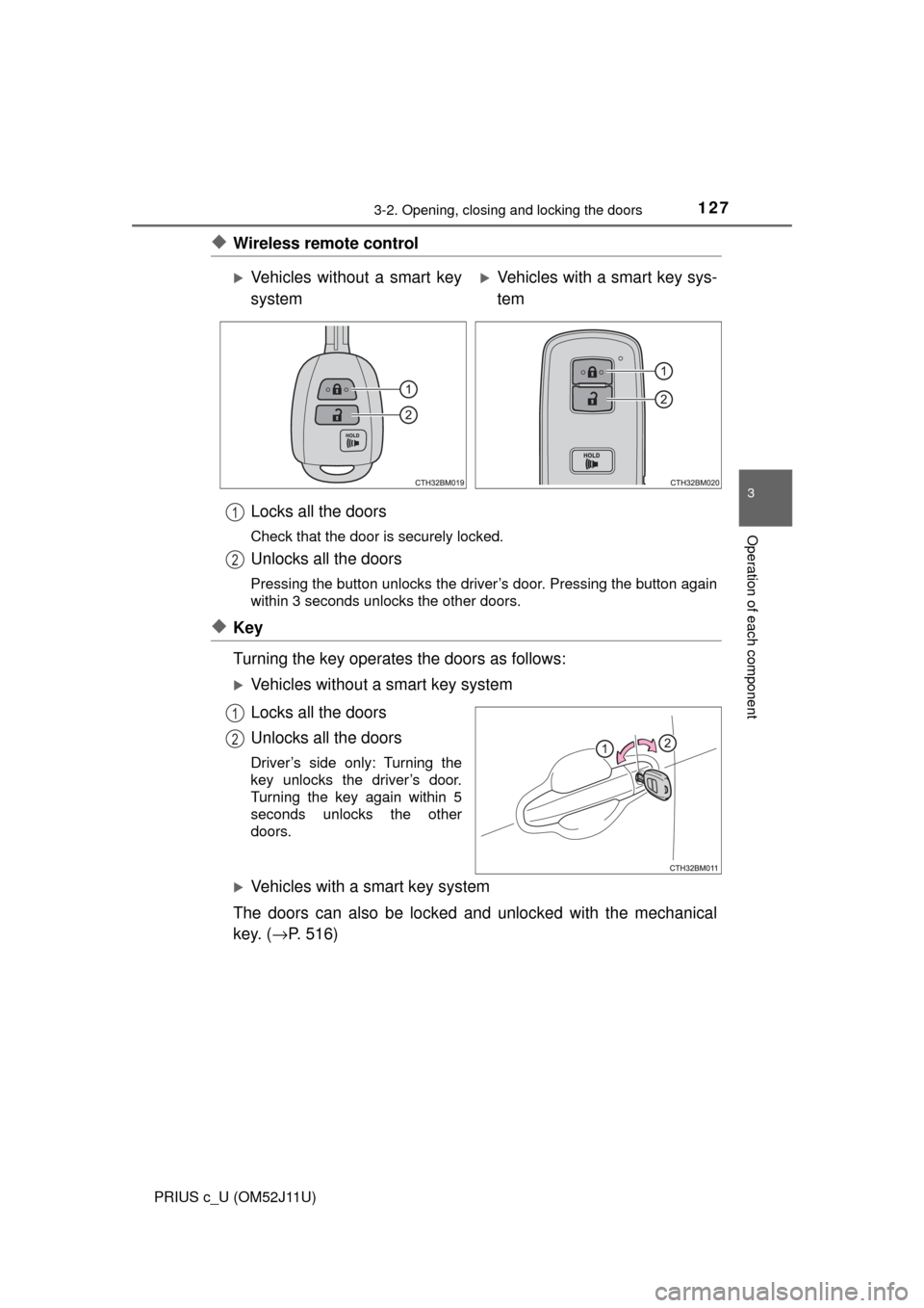 TOYOTA PRIUS C 2017 NHP10 / 1.G Owners Manual 1273-2. Opening, closing and locking the doors
3
Operation of each component
PRIUS c_U (OM52J11U)
◆Wireless remote controlLocks all the doors
Check that the door is securely locked.
Unlocks all the TOYOTA PRIUS C 2017 NHP10 / 1.G Owners Manual 1273-2. Opening, closing and locking the doors
3
Operation of each component
PRIUS c_U (OM52J11U)
◆Wireless remote controlLocks all the doors
Check that the door is securely locked.
Unlocks all the