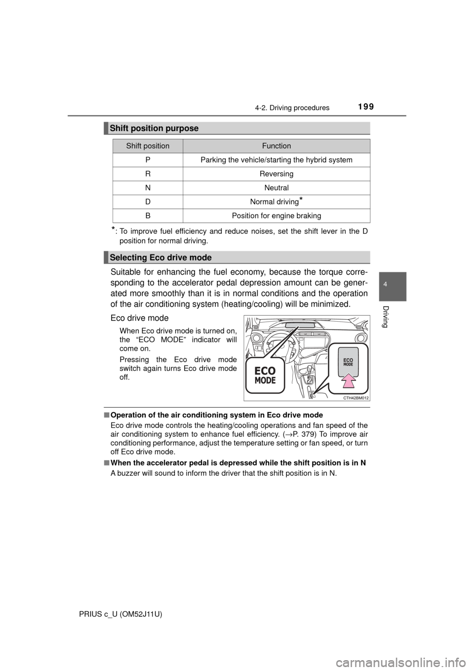 TOYOTA PRIUS C 2017 NHP10 / 1.G Owners Manual 1994-2. Driving procedures
4
Driving
PRIUS c_U (OM52J11U)
*: To improve fuel efficiency and reduce noises, set the shift lever in the Dposition for normal driving.
Suitable for enhancing the fuel econ