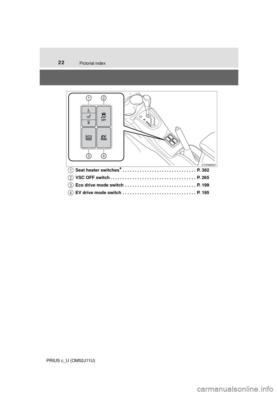 TOYOTA PRIUS C 2017 NHP10 / 1.G Owners Manual 22Pictorial index
PRIUS c_U (OM52J11U)Seat heater switches
*. . . . . . . . . . . . . . . . . . . . . . . . . . . . . . P. 382
VSC OFF switch . . . . . . . . . . . . . . . . . . . . . . . . . . . . . TOYOTA PRIUS C 2017 NHP10 / 1.G Owners Manual 22Pictorial index
PRIUS c_U (OM52J11U)Seat heater switches
*. . . . . . . . . . . . . . . . . . . . . . . . . . . . . . P. 382
VSC OFF switch . . . . . . . . . . . . . . . . . . . . . . . . . . . . .