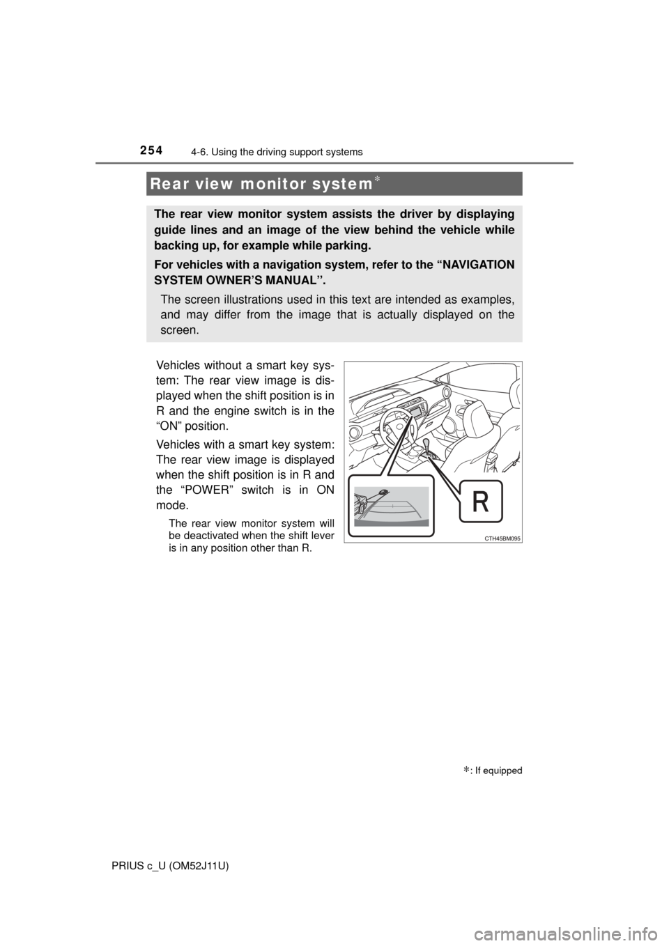 TOYOTA PRIUS C 2017 NHP10 / 1.G Owners Manual 2544-6. Using the driving support systems
PRIUS c_U (OM52J11U)
Vehicles without a smart key sys-
tem: The rear view image is dis-
played when the shift position is in
R and the engine switch is in the