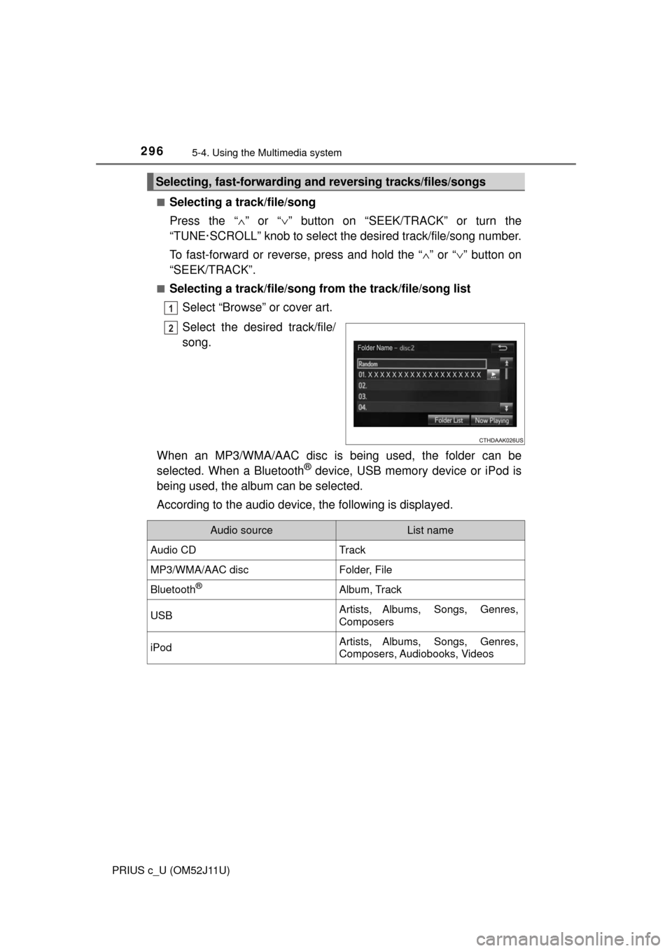 TOYOTA PRIUS C 2017 NHP10 / 1.G Owners Manual 2965-4. Using the Multimedia system
PRIUS c_U (OM52J11U)■
Selecting a track/file/song
Press the “
∧” or “∨ ” button on “SEEK/TRACK” or turn the
“TUNE·SCROLL” knob to select the 