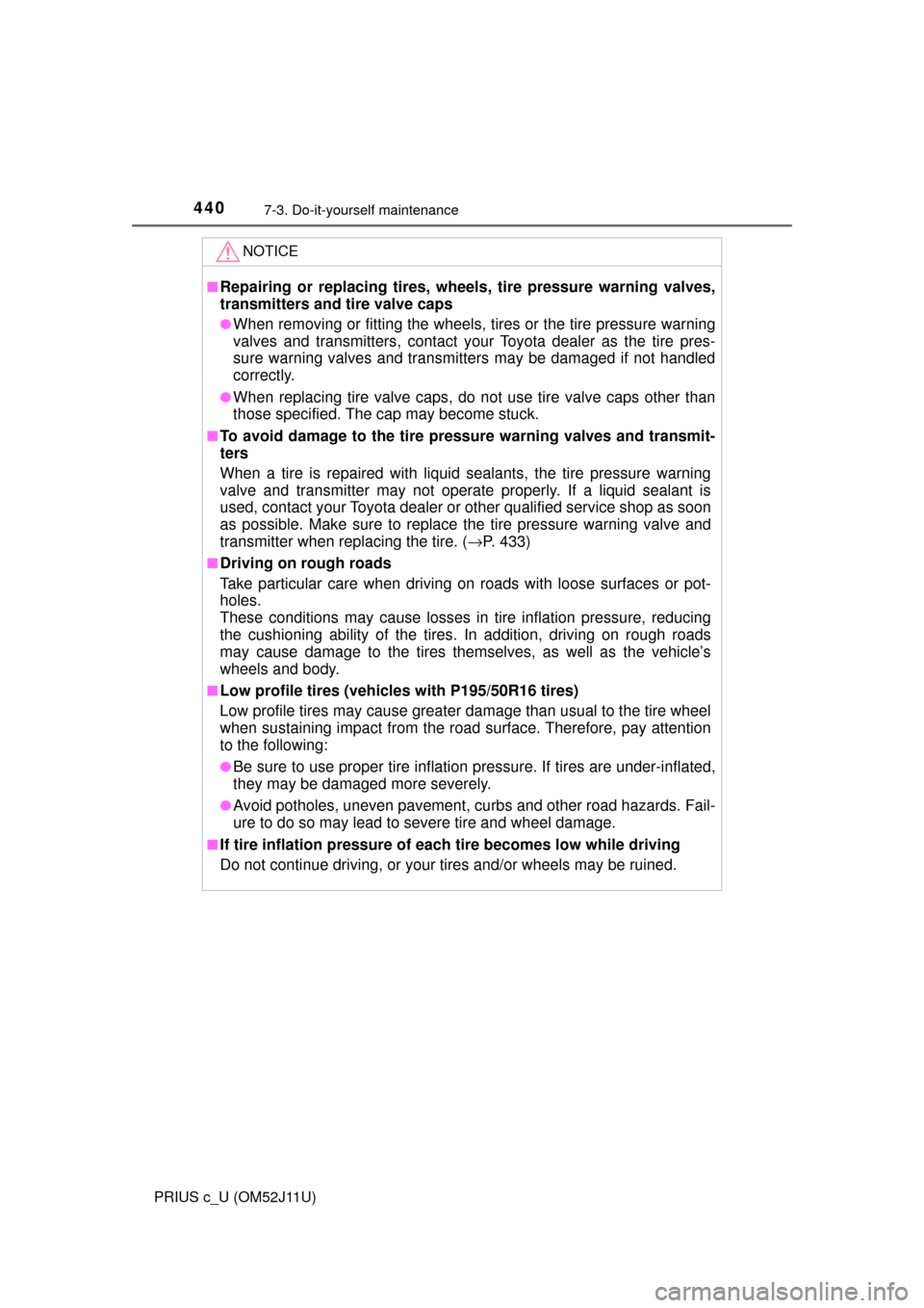 TOYOTA PRIUS C 2017 NHP10 / 1.G Service Manual 4407-3. Do-it-yourself maintenance
PRIUS c_U (OM52J11U)
NOTICE
■Repairing or replacing tires, wheels, tire pressure warning valves,
transmitters and tire valve caps
●When removing or fitting the w