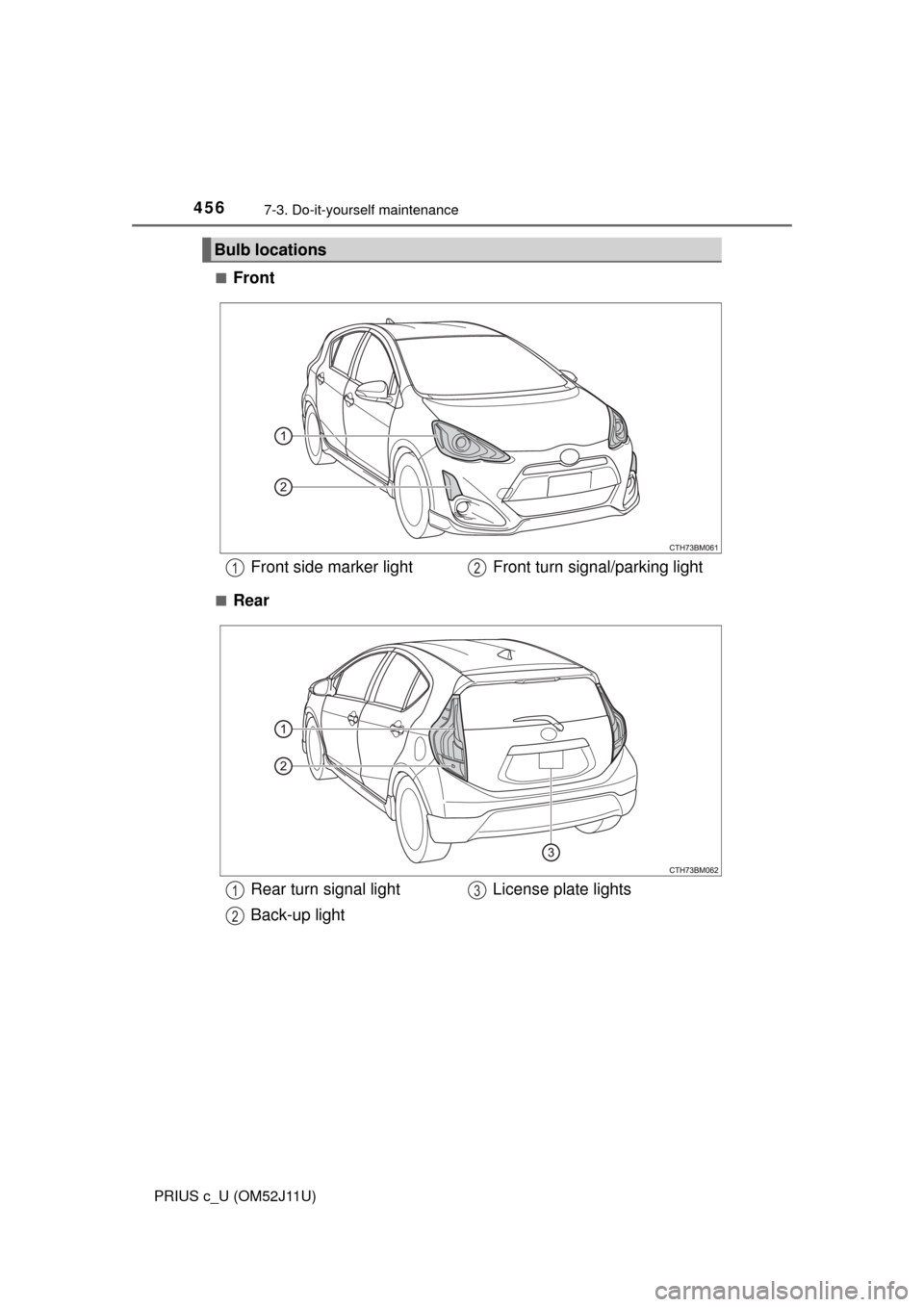 TOYOTA PRIUS C 2017 NHP10 / 1.G User Guide 4567-3. Do-it-yourself maintenance
PRIUS c_U (OM52J11U)■
Front
■Rear
Bulb locations
Front side marker light Front turn signal/parking light12
Rear turn signal light
Back-up light
License plate lig