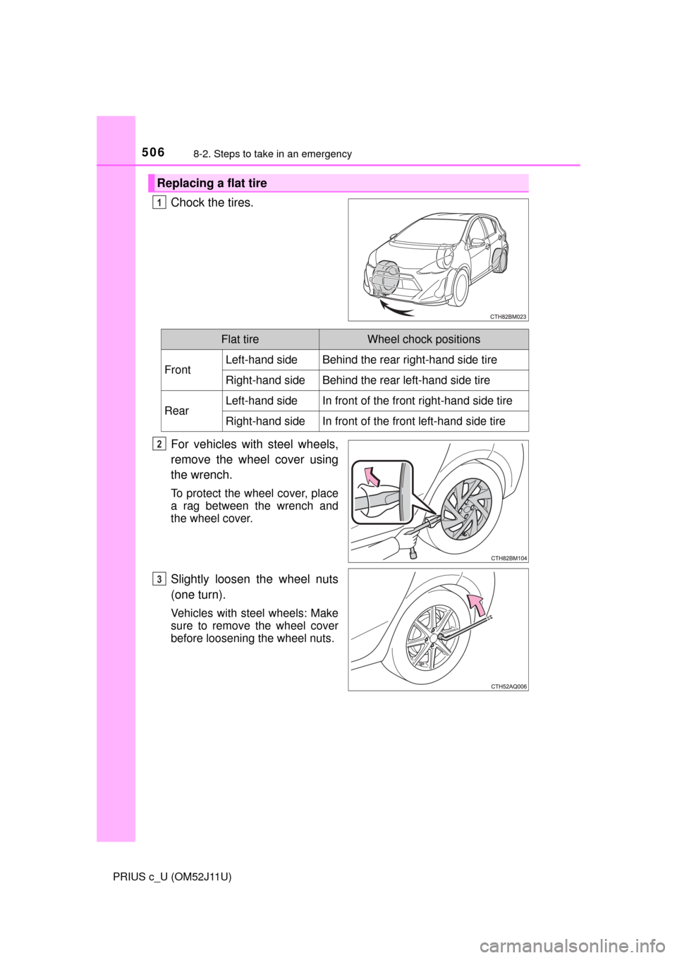 TOYOTA PRIUS C 2017 NHP10 / 1.G Owners Manual 5068-2. Steps to take in an emergency
PRIUS c_U (OM52J11U)
Chock the tires.
For vehicles with steel wheels,
remove the wheel cover using
the wrench.
To protect the wheel cover, place
a rag between the