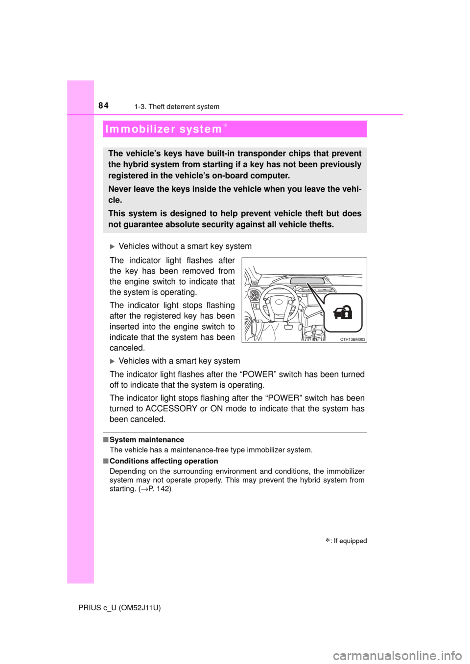 TOYOTA PRIUS C 2017 NHP10 / 1.G Owners Manual 84
PRIUS c_U (OM52J11U)
1-3. Theft deterrent system
Vehicles without a smart key system
The indicator light flashes after
the key has been removed from
the engine switch to indicate that
the system