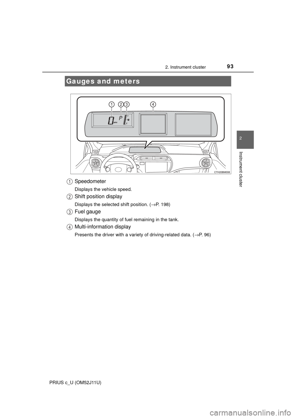 TOYOTA PRIUS C 2017 NHP10 / 1.G Owners Manual 932. Instrument cluster
2
Instrument cluster
PRIUS c_U (OM52J11U)
Speedometer
Displays the vehicle speed.
Shift position display
Displays the selected shift position. (→P. 198)
Fuel gauge
Displays t