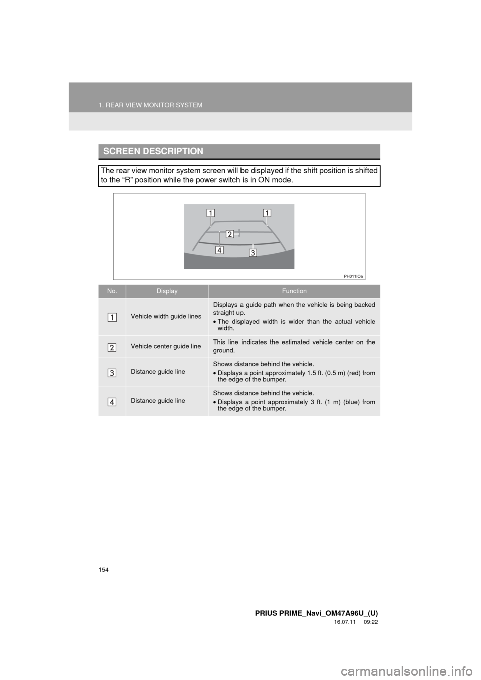 TOYOTA PRIUS PRIME 2017 2.G Navigation Manual 154
1. REAR VIEW MONITOR SYSTEM
PRIUS PRIME_Navi_OM47A96U_(U)
16.07.11 09:22
SCREEN DESCRIPTION
The rear view monitor system screen will be displayed if the shift position is shifted
to the “R TOYOTA PRIUS PRIME 2017 2.G Navigation Manual 154
1. REAR VIEW MONITOR SYSTEM
PRIUS PRIME_Navi_OM47A96U_(U)
16.07.11 09:22
SCREEN DESCRIPTION
The rear view monitor system screen will be displayed if the shift position is shifted
to the “R