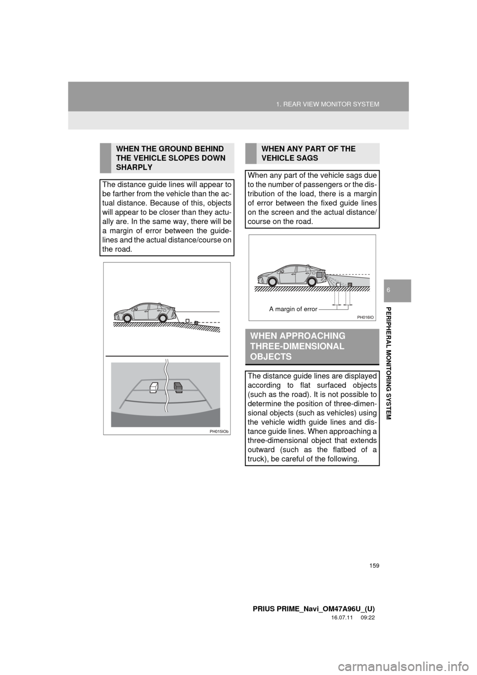 TOYOTA PRIUS PRIME 2017 2.G Navigation Manual 159
1. REAR VIEW MONITOR SYSTEM
PRIUS PRIME_Navi_OM47A96U_(U)
16.07.11 09:22
PERIPHERAL MONITORING SYSTEM
6
WHEN THE GROUND BEHIND
THE VEHICLE SLOPES DOWN
SHARPLY
The distance guide lines will a TOYOTA PRIUS PRIME 2017 2.G Navigation Manual 159
1. REAR VIEW MONITOR SYSTEM
PRIUS PRIME_Navi_OM47A96U_(U)
16.07.11 09:22
PERIPHERAL MONITORING SYSTEM
6
WHEN THE GROUND BEHIND
THE VEHICLE SLOPES DOWN
SHARPLY
The distance guide lines will a