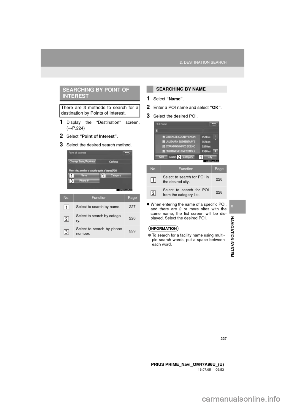 TOYOTA PRIUS PRIME 2017 2.G Navigation Manual 227
2. DESTINATION SEARCH
PRIUS PRIME_Navi_OM47A96U_(U)
16.07.05 09:53
NAVIGATION SYSTEM
8
1Display the “Destination” screen.
(→P.224)
2Select “Point of Interest” .
3Select the desired s TOYOTA PRIUS PRIME 2017 2.G Navigation Manual 227
2. DESTINATION SEARCH
PRIUS PRIME_Navi_OM47A96U_(U)
16.07.05 09:53
NAVIGATION SYSTEM
8
1Display the “Destination” screen.
(→P.224)
2Select “Point of Interest” .
3Select the desired s