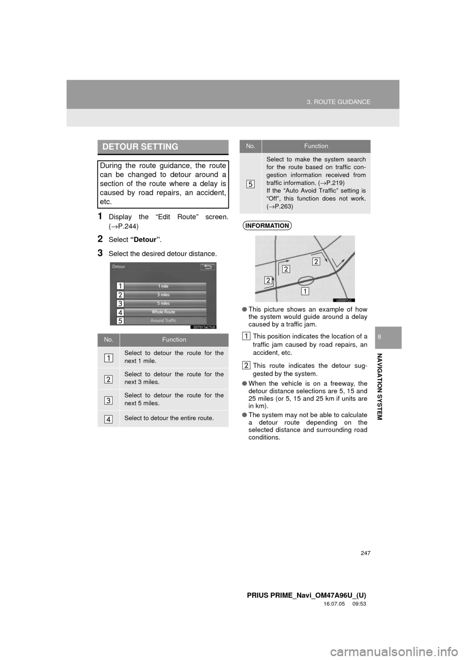 TOYOTA PRIUS PRIME 2017 2.G Navigation Manual 247
3. ROUTE GUIDANCE
PRIUS PRIME_Navi_OM47A96U_(U)
16.07.05 09:53
NAVIGATION SYSTEM
8
1Display the “Edit Route” screen.
(→P.244)
2Select “Detour” .
3Select the desired detour distance.
TOYOTA PRIUS PRIME 2017 2.G Navigation Manual 247
3. ROUTE GUIDANCE
PRIUS PRIME_Navi_OM47A96U_(U)
16.07.05 09:53
NAVIGATION SYSTEM
8
1Display the “Edit Route” screen.
(→P.244)
2Select “Detour” .
3Select the desired detour distance.