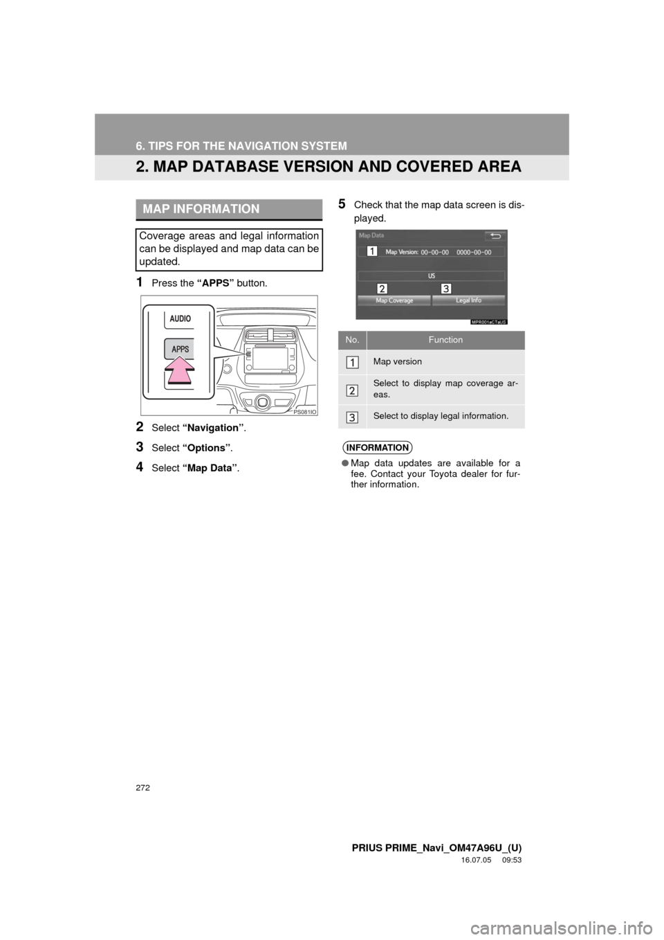 TOYOTA PRIUS PRIME 2017 2.G Navigation Manual 272
6. TIPS FOR THE NAVIGATION SYSTEM
PRIUS PRIME_Navi_OM47A96U_(U)
16.07.05 09:53
2. MAP DATABASE VERSION AND COVERED AREA
1Press the “APPS” button.
2Select “Navigation” .
3Select “Opti TOYOTA PRIUS PRIME 2017 2.G Navigation Manual 272
6. TIPS FOR THE NAVIGATION SYSTEM
PRIUS PRIME_Navi_OM47A96U_(U)
16.07.05 09:53
2. MAP DATABASE VERSION AND COVERED AREA
1Press the “APPS” button.
2Select “Navigation” .
3Select “Opti
