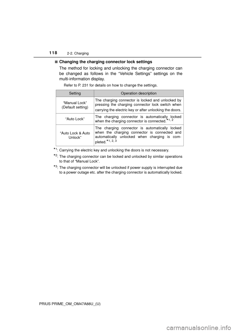 TOYOTA PRIUS PRIME 2017 2.G Owners Manual 118
PRIUS PRIME_OM_OM47A88U_(U)
2-2. Charging
■Changing the charging connector lock settings
The method for locking and unlocking the charging connector can
be changed as follows in the “Vehicle S TOYOTA PRIUS PRIME 2017 2.G Owners Manual 118
PRIUS PRIME_OM_OM47A88U_(U)
2-2. Charging
■Changing the charging connector lock settings
The method for locking and unlocking the charging connector can
be changed as follows in the “Vehicle S