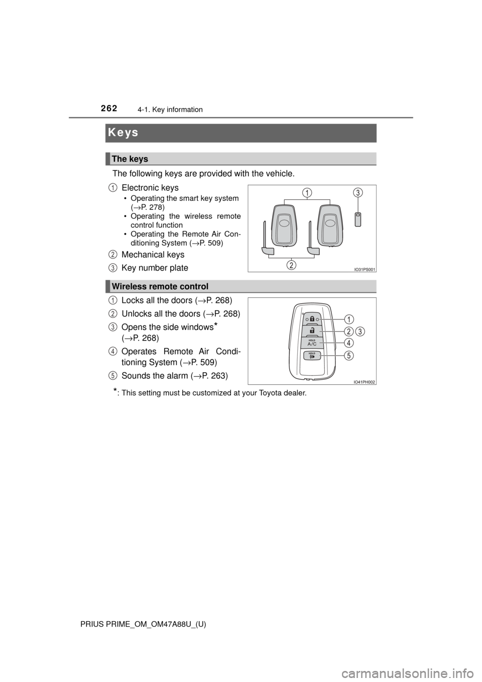 TOYOTA PRIUS PRIME 2017 2.G Owners Manual 262
PRIUS PRIME_OM_OM47A88U_(U)
4-1. Key information
Keys
The following keys are provided with the vehicle.Electronic keys
• Operating the smart key system (→P. 278)
• Operating the wireless rem