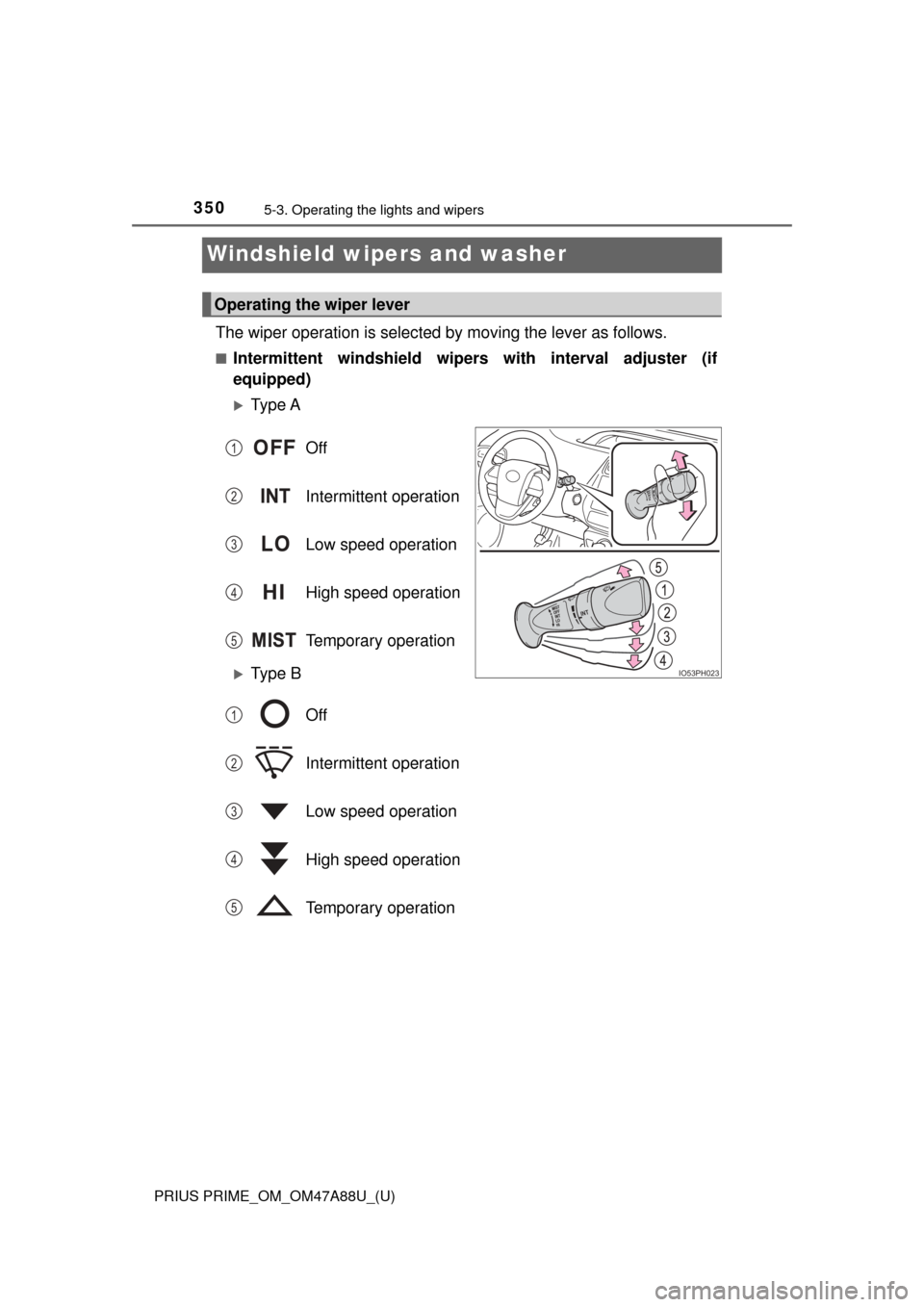 TOYOTA PRIUS PRIME 2017 2.G Owners Manual 350
PRIUS PRIME_OM_OM47A88U_(U)
5-3. Operating the lights and wipers
Windshield wipers and washer
The wiper operation is selected by moving the lever as follows.
■Intermittent windshield wipers with