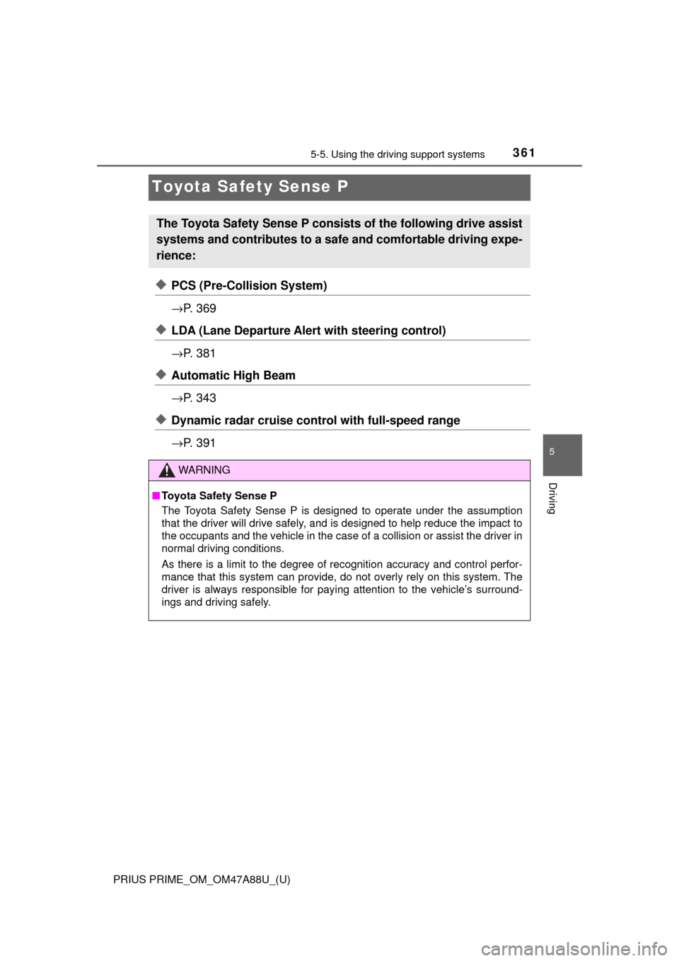 TOYOTA PRIUS PRIME 2017 2.G Owners Manual 361
PRIUS PRIME_OM_OM47A88U_(U)
5-5. Using the driving support systems
5
Driving
Toyota Safety Sense P
◆PCS (Pre-Collision System)
→P. 3 6 9
◆LDA (Lane Departure Alert with steering control)
TOYOTA PRIUS PRIME 2017 2.G Owners Manual 361
PRIUS PRIME_OM_OM47A88U_(U)
5-5. Using the driving support systems
5
Driving
Toyota Safety Sense P
◆PCS (Pre-Collision System)
→P. 3 6 9
◆LDA (Lane Departure Alert with steering control)