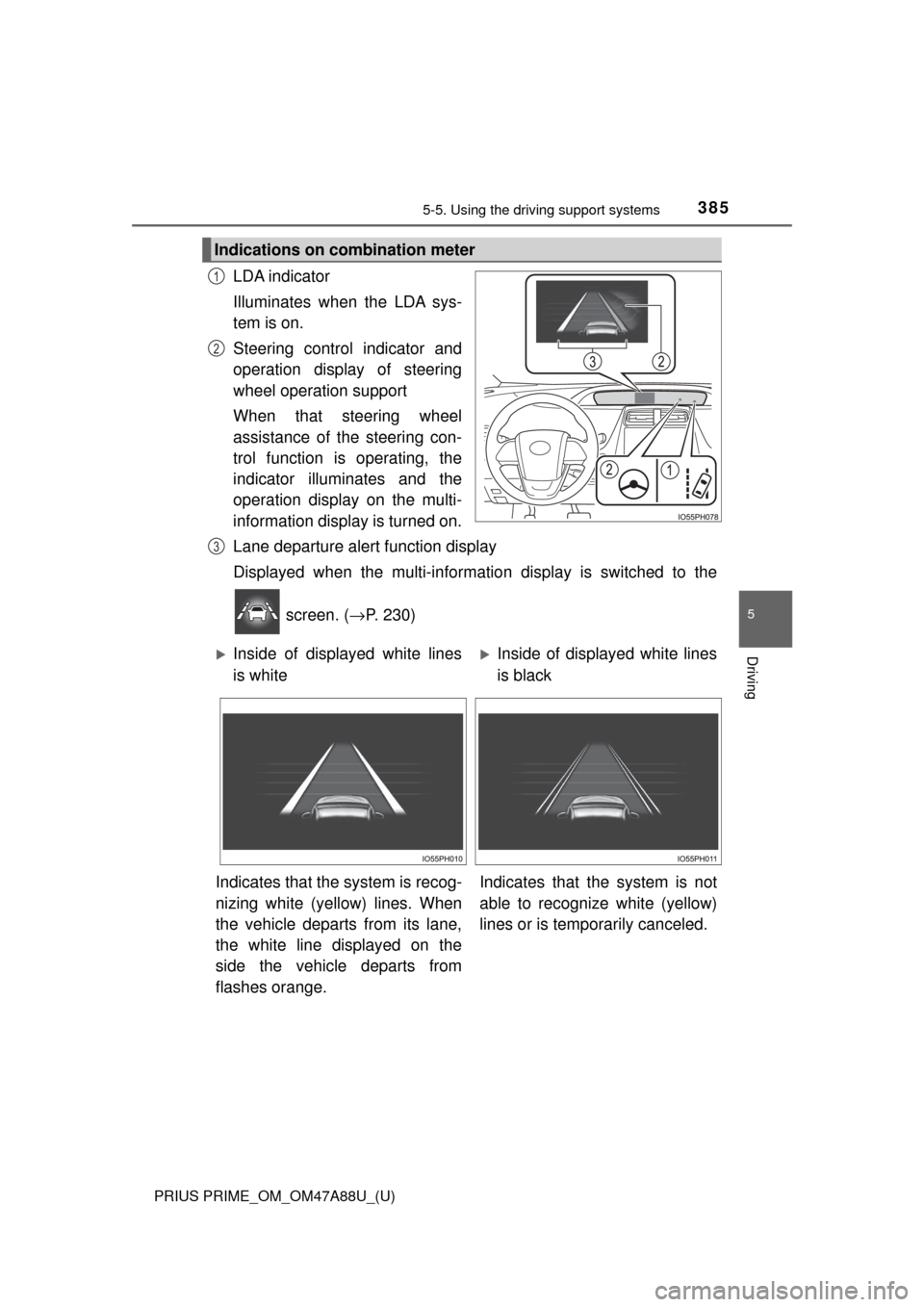 TOYOTA PRIUS PRIME 2017 2.G Owners Manual PRIUS PRIME_OM_OM47A88U_(U)
3855-5. Using the driving support systems
5
Driving
LDA indicator
Illuminates when the LDA sys-
tem is on.
Steering control indicator and
operation display of steering
whee TOYOTA PRIUS PRIME 2017 2.G Owners Manual PRIUS PRIME_OM_OM47A88U_(U)
3855-5. Using the driving support systems
5
Driving
LDA indicator
Illuminates when the LDA sys-
tem is on.
Steering control indicator and
operation display of steering
whee