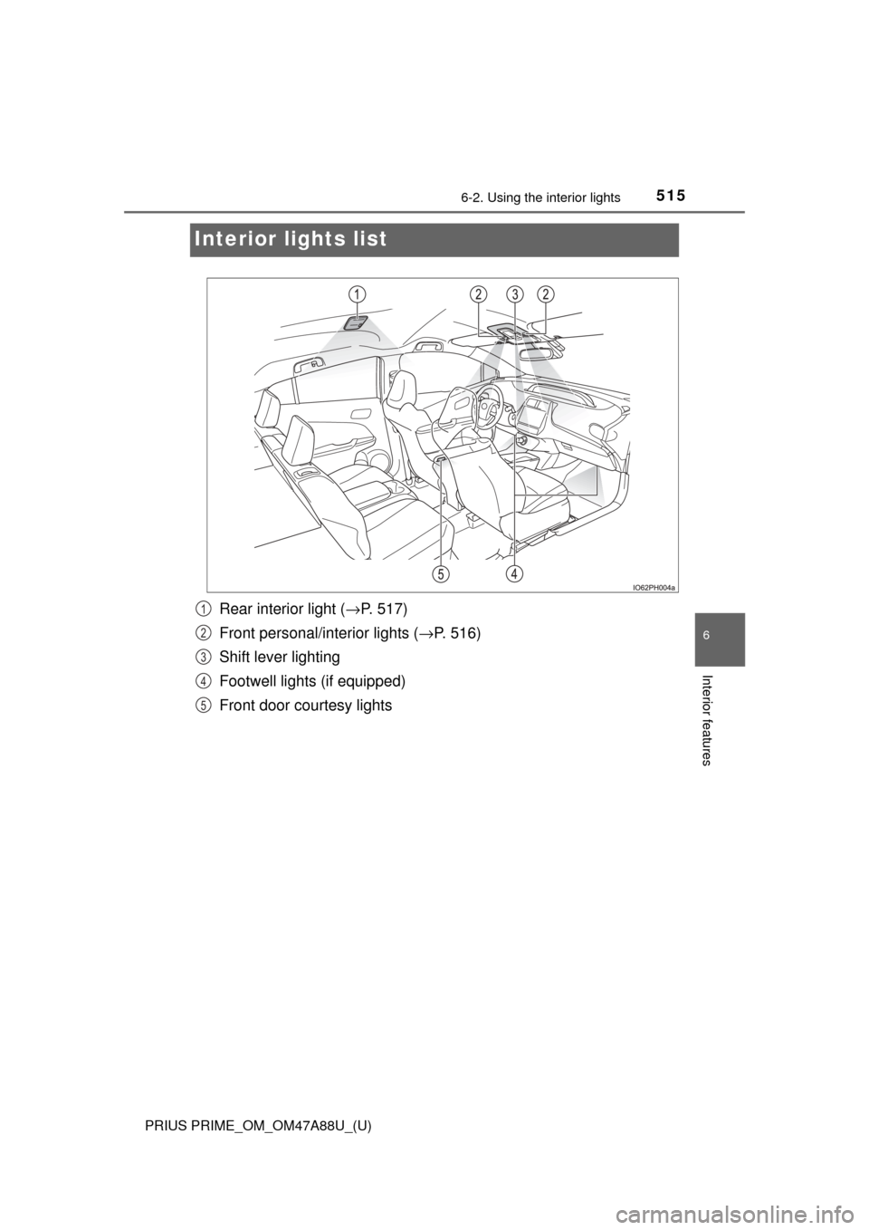 TOYOTA PRIUS PRIME 2017 2.G Owners Manual 515
PRIUS PRIME_OM_OM47A88U_(U)
6-2. Using the interior lights
6
Interior features
Interior lights list
Rear interior light ( →P. 517)
Front personal/interior lights ( →P. 516)
Shift lever lightin TOYOTA PRIUS PRIME 2017 2.G Owners Manual 515
PRIUS PRIME_OM_OM47A88U_(U)
6-2. Using the interior lights
6
Interior features
Interior lights list
Rear interior light ( →P. 517)
Front personal/interior lights ( →P. 516)
Shift lever lightin