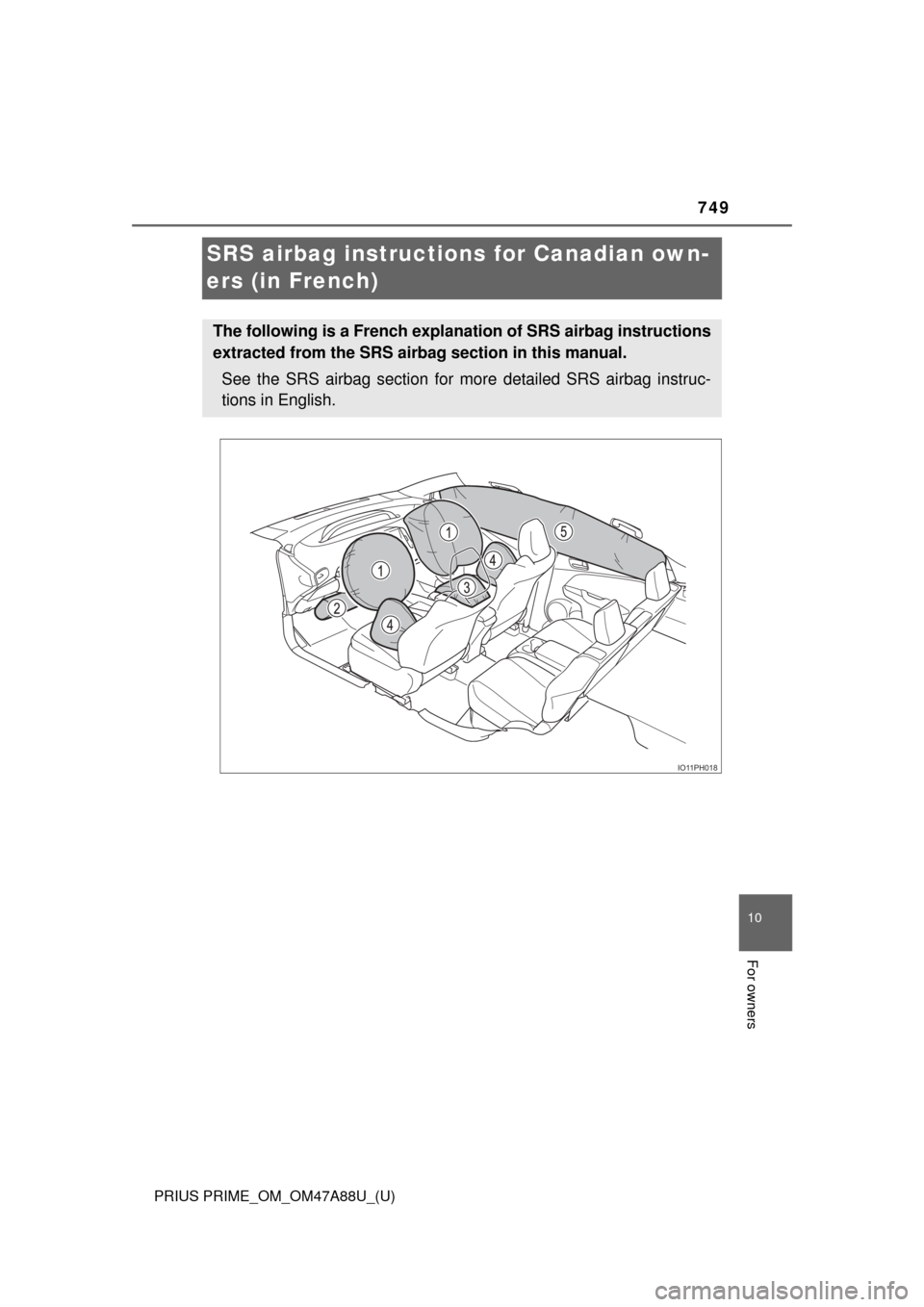 TOYOTA PRIUS PRIME 2017 2.G Owners Manual 749
PRIUS PRIME_OM_OM47A88U_(U)
10
For owners
SRS airbag instructions for Canadian own-
ers (in French)
The following is a French explanation of SRS airbag instructions
extracted from the SRS airbag s