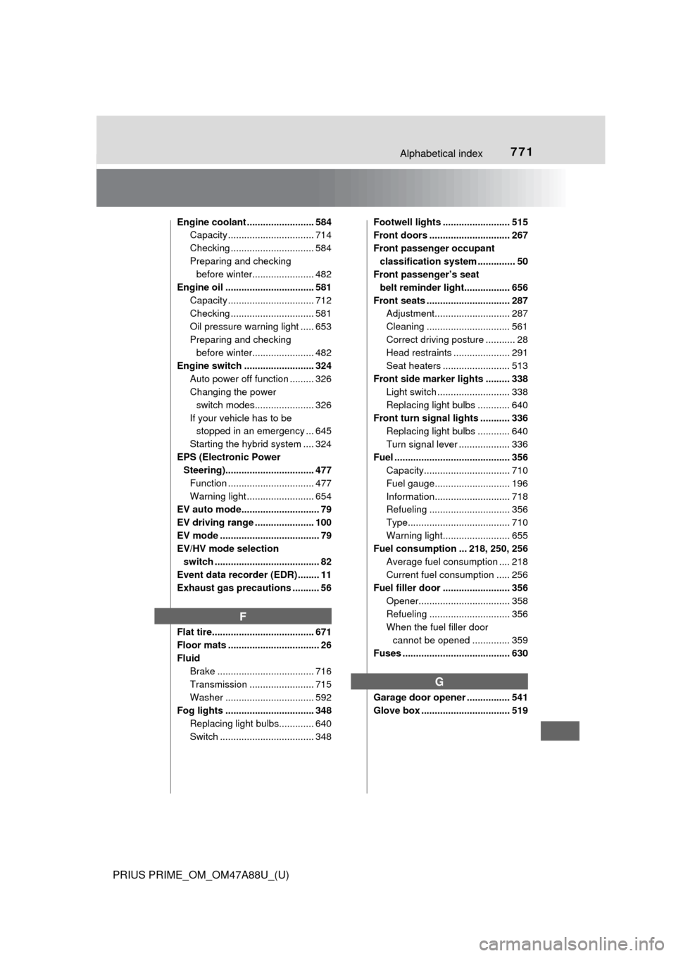 TOYOTA PRIUS PRIME 2017 2.G Owners Manual 771Alphabetical index
PRIUS PRIME_OM_OM47A88U_(U)
Engine coolant ......................... 584Capacity ................................ 714
Checking ............................... 584
Preparing and c