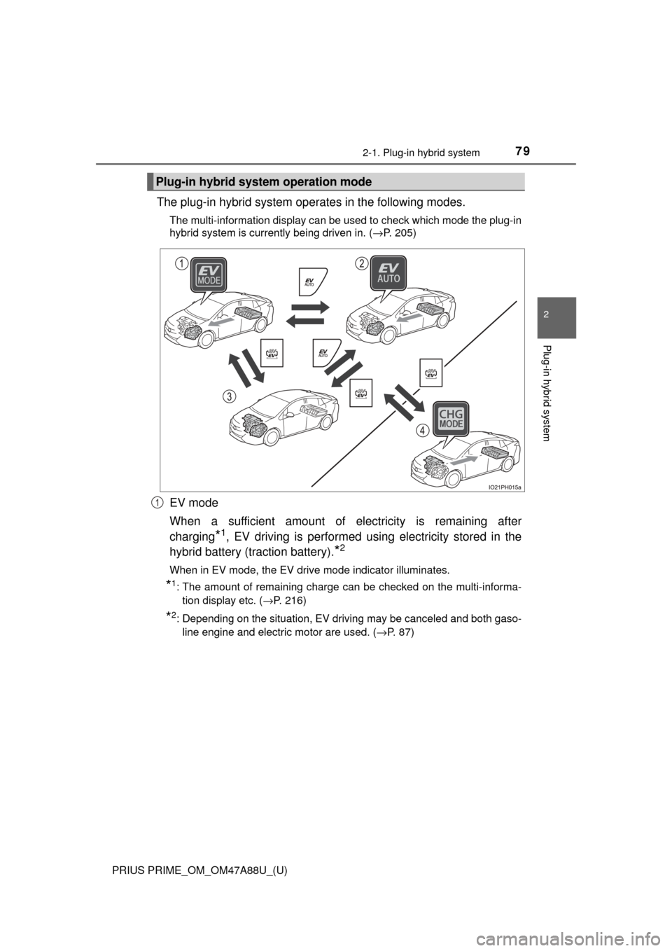 TOYOTA PRIUS PRIME 2017 2.G Manual PDF PRIUS PRIME_OM_OM47A88U_(U)
792-1. Plug-in hybrid system
2
Plug-in hybrid system
The plug-in hybrid system operates in the following modes.
The multi-information display can be used to check which mod TOYOTA PRIUS PRIME 2017 2.G Manual PDF PRIUS PRIME_OM_OM47A88U_(U)
792-1. Plug-in hybrid system
2
Plug-in hybrid system
The plug-in hybrid system operates in the following modes.
The multi-information display can be used to check which mod