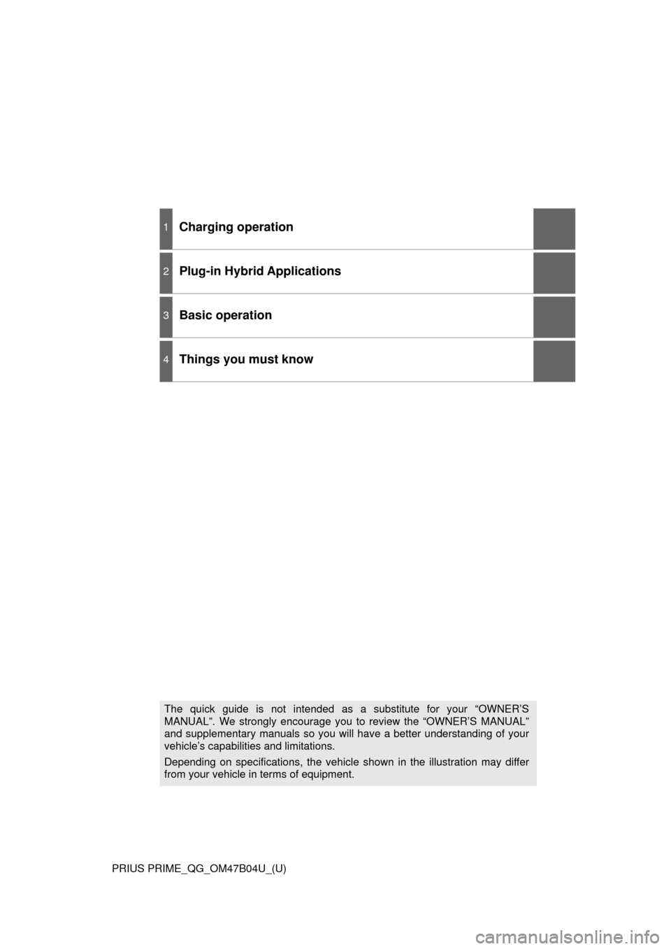TOYOTA PRIUS PRIME 2017 2.G Quick Reference Guide PRIUS PRIME_QG_OM47B04U_(U)
1Charging operation
2Plug-in Hybrid Applications
3Basic operation
4Things you must know
The quick guide is not intended as a substitute for your “OWNER’S
MANUAL”. We 