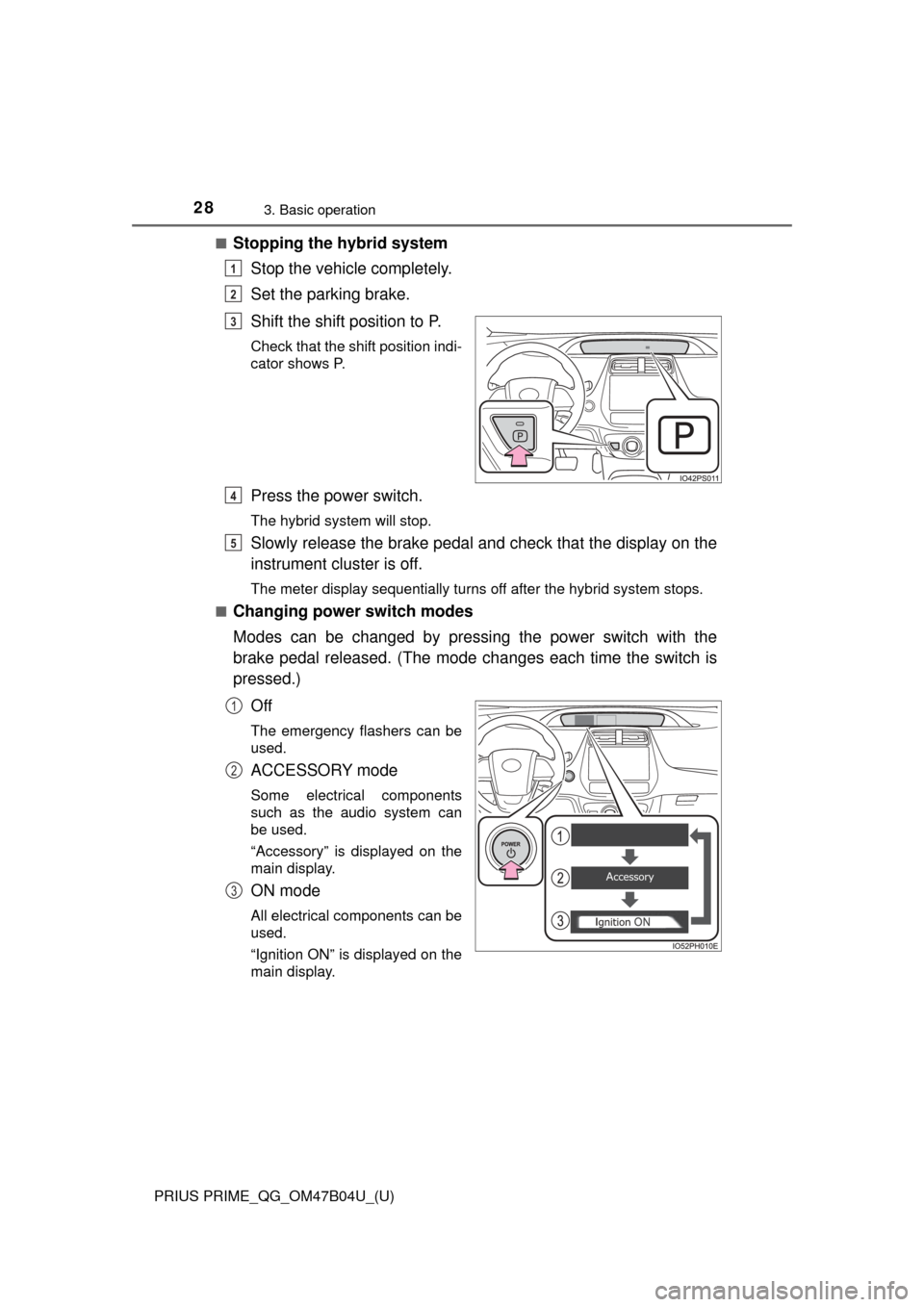 TOYOTA PRIUS PRIME 2017 2.G Quick Reference Guide 28
PRIUS PRIME_QG_OM47B04U_(U)
3. Basic operation
■Stopping the hybrid systemStop the vehicle completely.
Set the parking brake.
Shift the shift position to P.
Check that the shift position indi-
ca TOYOTA PRIUS PRIME 2017 2.G Quick Reference Guide 28
PRIUS PRIME_QG_OM47B04U_(U)
3. Basic operation
■Stopping the hybrid systemStop the vehicle completely.
Set the parking brake.
Shift the shift position to P.
Check that the shift position indi-
ca
