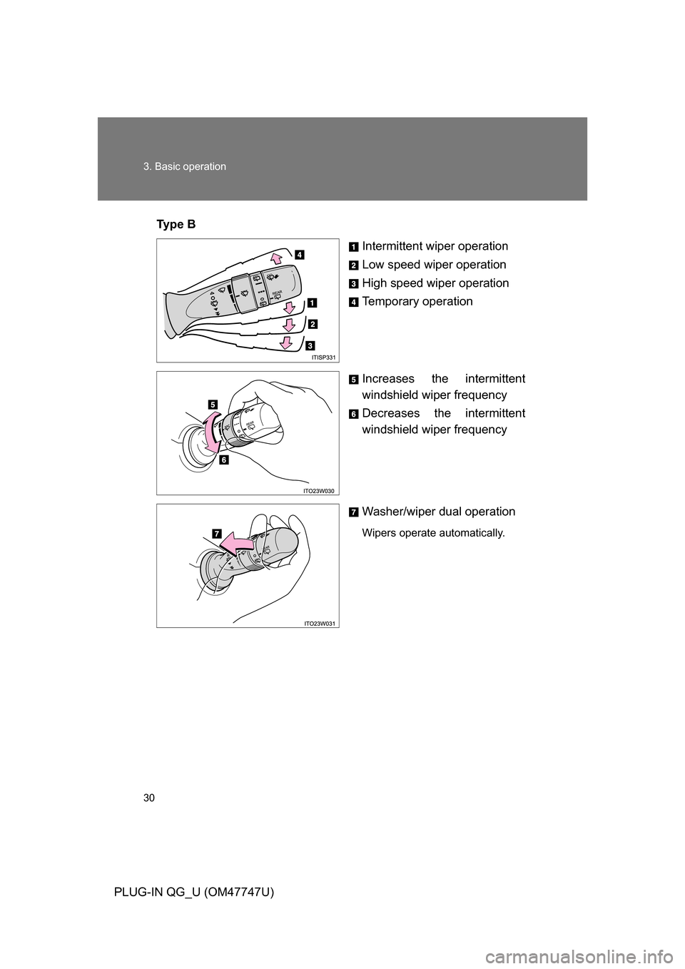 TOYOTA PRIUS PLUG-IN HYBRID 2012 1.G Owners Manual 30 3. Basic operation
PLUG-IN QG_U (OM47747U)Ty p e B
Intermittent wiper operation
Low speed wiper operation
High speed wiper operation
Temporary operation
Increases the intermittent
windshield wiper TOYOTA PRIUS PLUG-IN HYBRID 2012 1.G Owners Manual 30 3. Basic operation
PLUG-IN QG_U (OM47747U)Ty p e B
Intermittent wiper operation
Low speed wiper operation
High speed wiper operation
Temporary operation
Increases the intermittent
windshield wiper