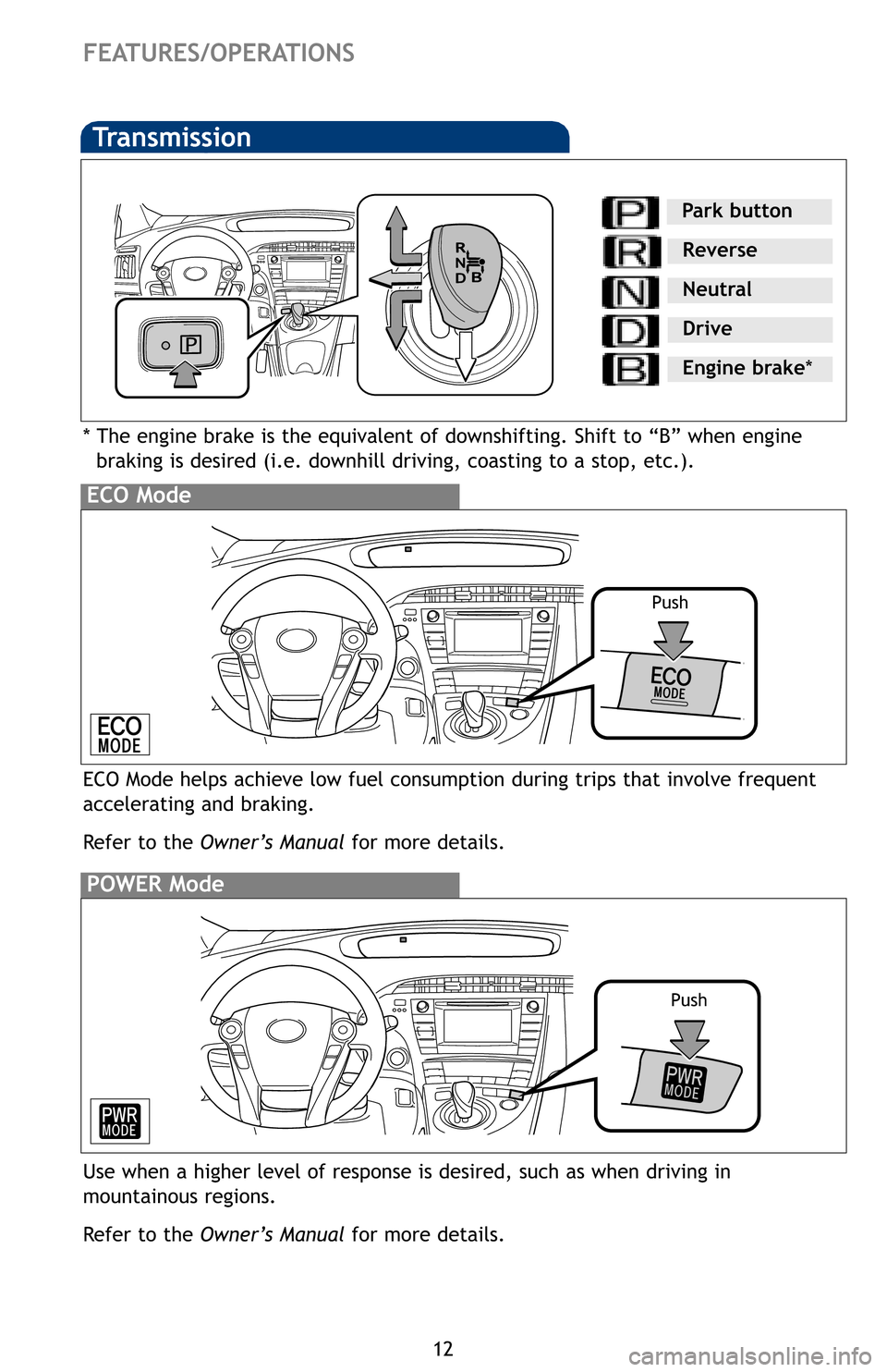 TOYOTA PRIUS PLUG-IN HYBRID 2012 1.G Quick Reference Guide 12
FEATURES/OPERATIONS
Hold
NOT
Til
EV
EV/H
batt
cond
Refe
Lo
Pa
Transmission
* The engine brake is the equivalent of downshifting. Shift to “B” w\
hen engine braking is desired (i.e. downhill dri