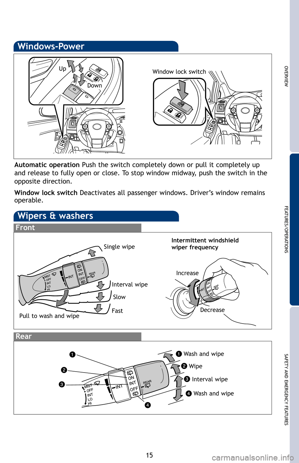 TOYOTA PRIUS PLUG-IN HYBRID 2012 1.G Quick Reference Guide OVERVIEW
FEATURES/OPERATIONS
SAFETY AND EMERGENCY FEATURES
15
Wipers & washers
Interval wipe
Single wipe
Slow
Fast
Pull to wash and wipe
Front
Rear
Wash and wipe
Wipe
Interval wipe
Wash and wipe
Windo TOYOTA PRIUS PLUG-IN HYBRID 2012 1.G Quick Reference Guide OVERVIEW
FEATURES/OPERATIONS
SAFETY AND EMERGENCY FEATURES
15
Wipers & washers
Interval wipe
Single wipe
Slow
Fast
Pull to wash and wipe
Front
Rear
Wash and wipe
Wipe
Interval wipe
Wash and wipe
Windo