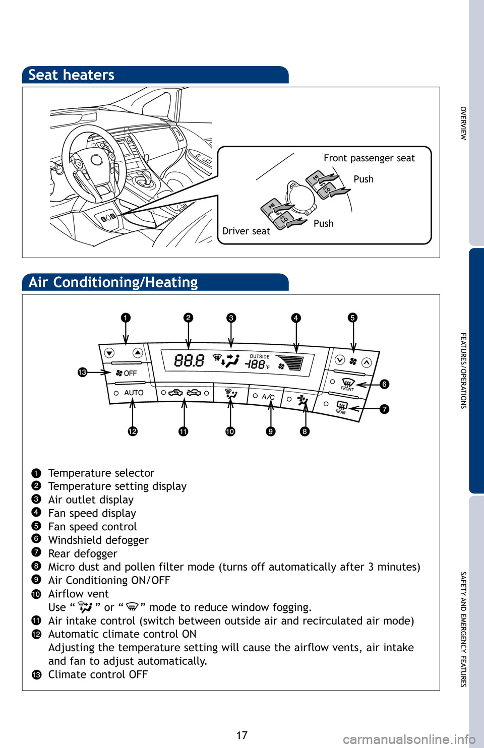 TOYOTA PRIUS PLUG-IN HYBRID 2012 1.G Quick Reference Guide OVERVIEW
FEATURES/OPERATIONS
SAFETY AND EMERGENCY FEATURES
17
Air Conditioning/Heating
Temperature selector
Temperature setting display
Air outlet display
Fan speed display
Fan speed control
Windshiel